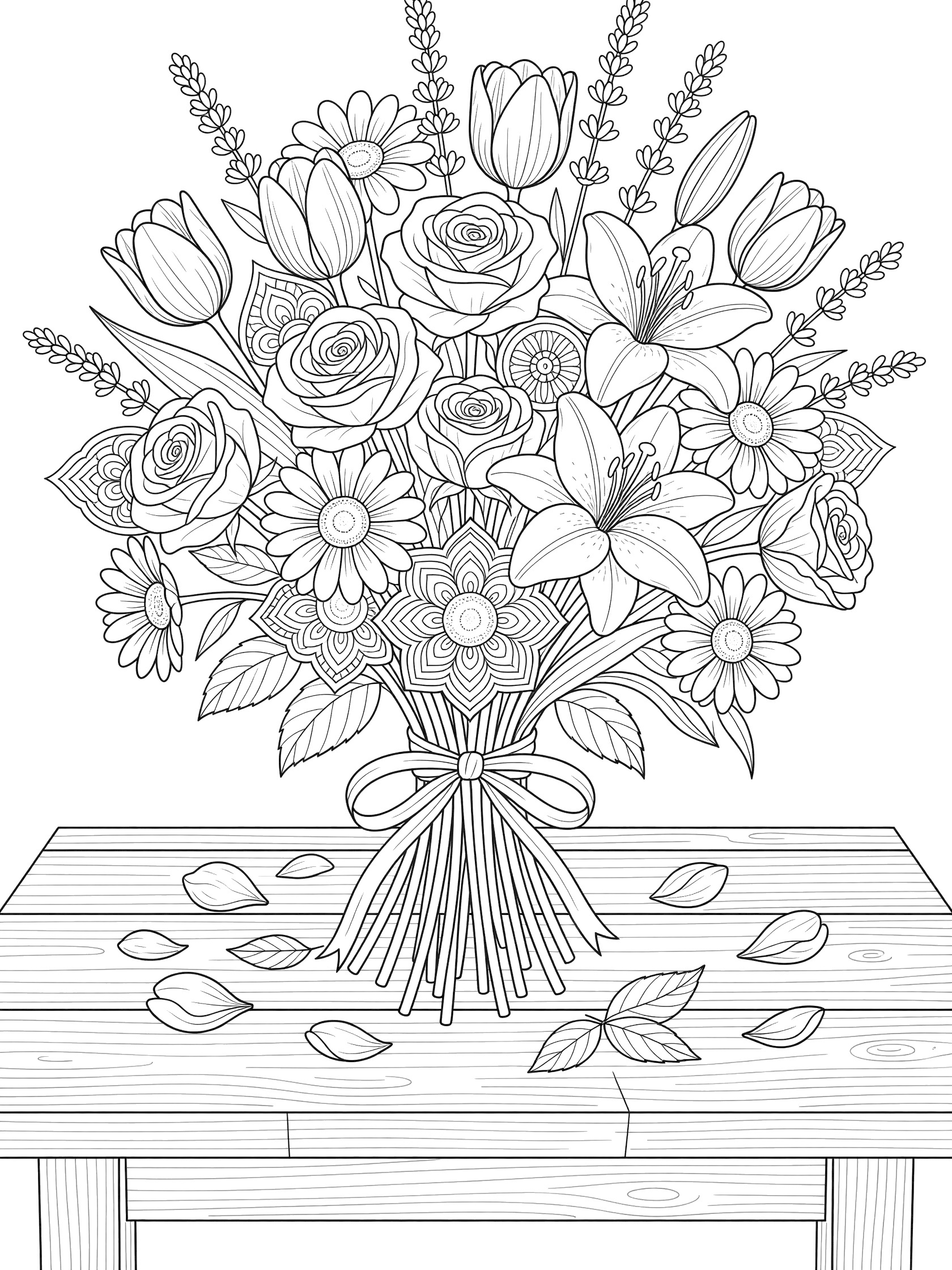 Black and white line art of a mixed flower bouquet including roses, tulips, daisies, lilies and lavender tied with a ribbon on a rustic wooden table with petals around the base.