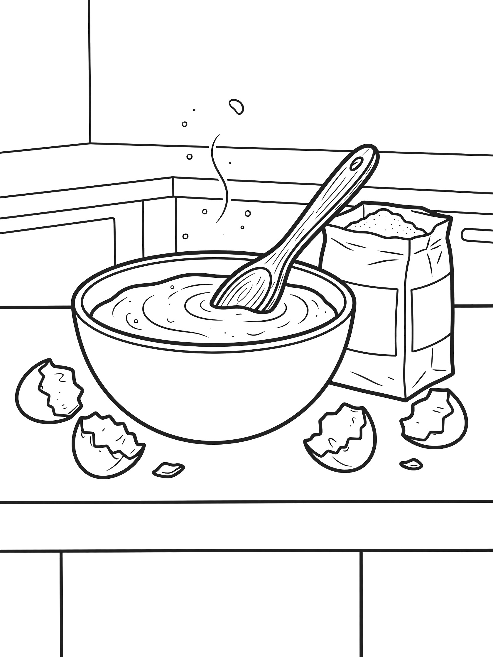 Printable coloring page showing cake batter being stirred in a large bowl by a wooden spoon, with broken eggshells and a flour bag on the counter