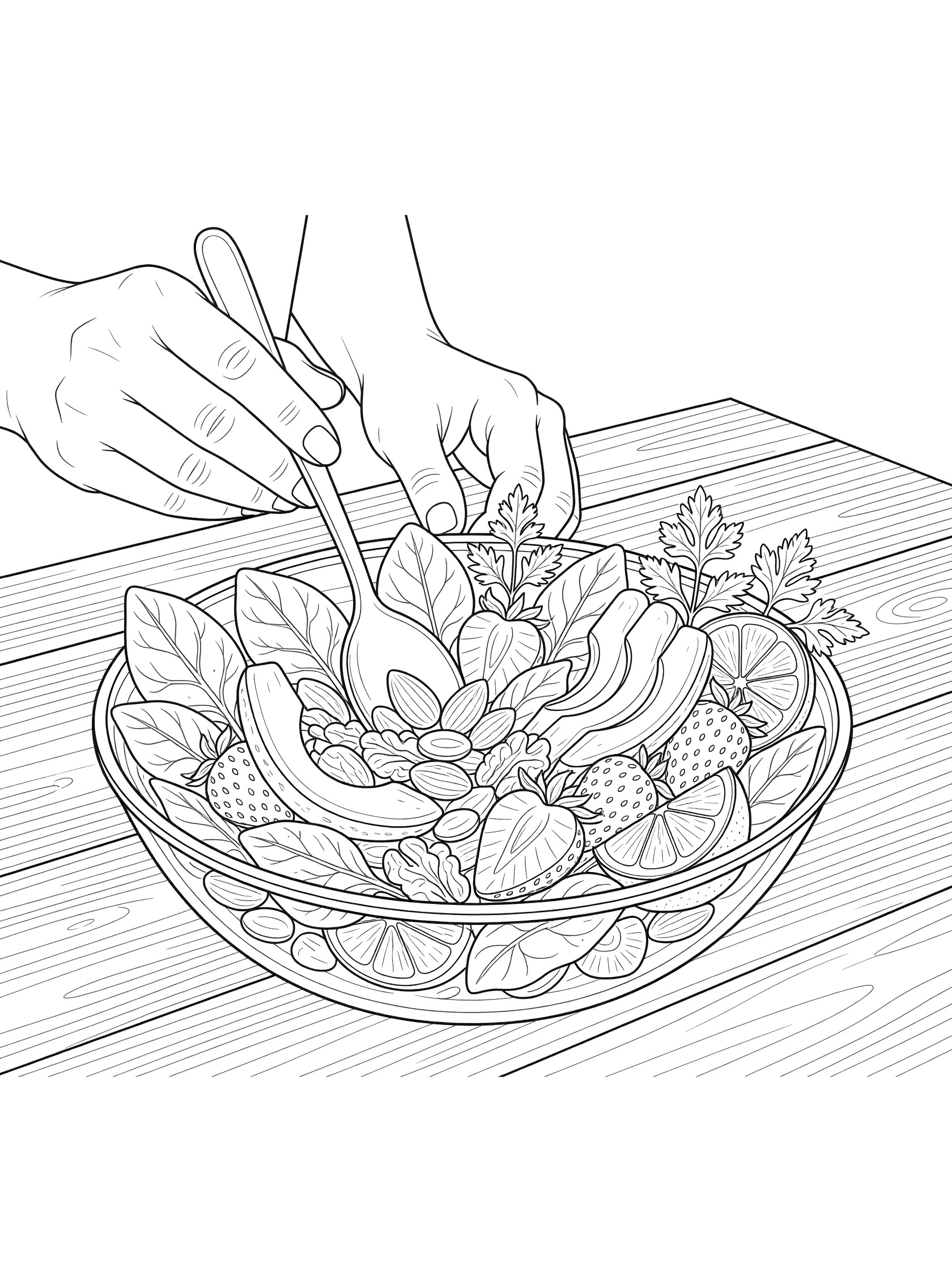 Black and white line art coloring page showing hands with a spoon mixing salad of spinach leaves, strawberries, nuts, avocado slices, herbs, and lemon wedges in a clear bowl on a wooden table.