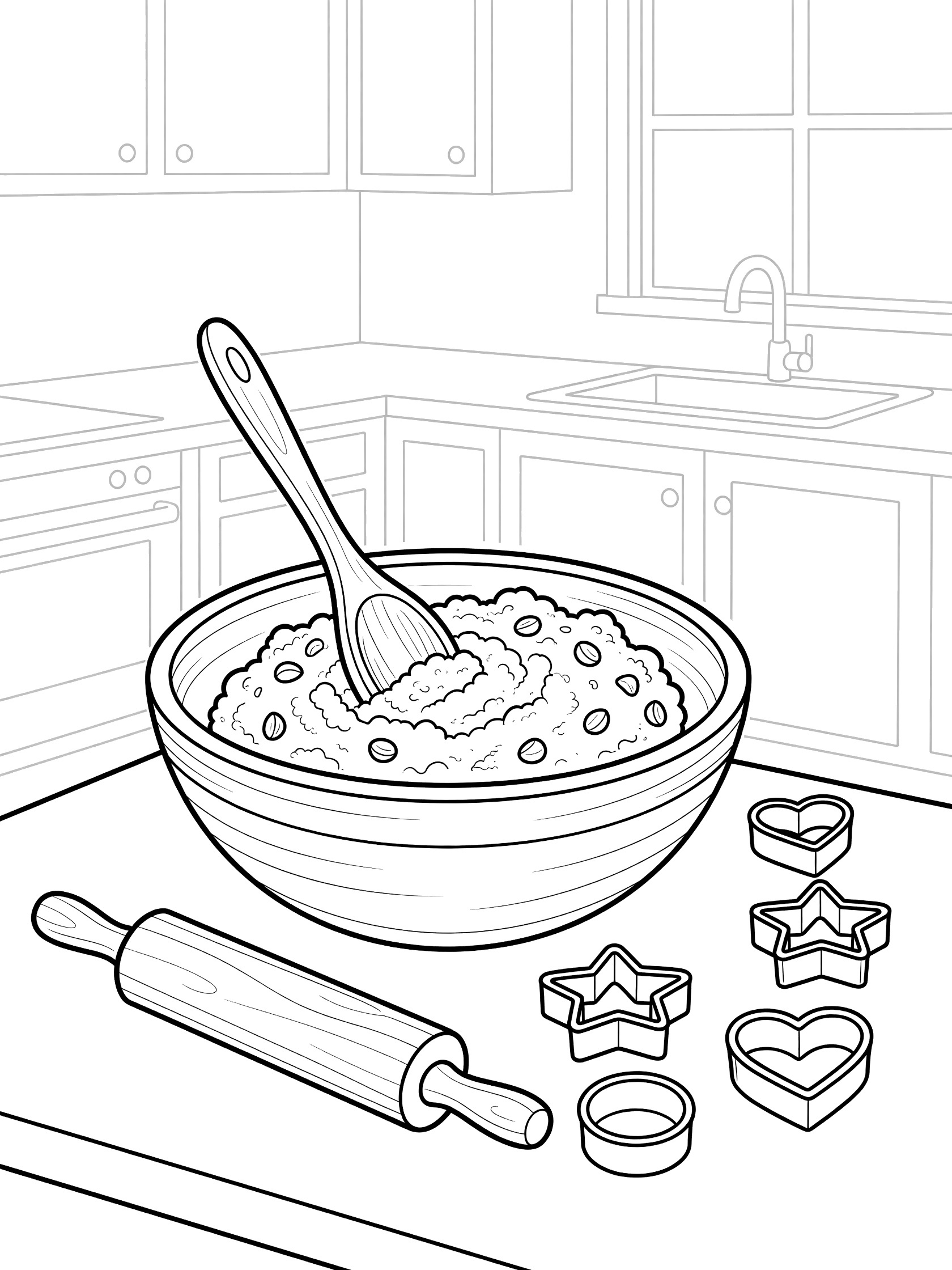 Line art coloring page showing thick cookie dough with chocolate chips in a bowl being stirred by a wooden spoon on a kitchen counter with scattered flour, rolling pin, and cookie cutters