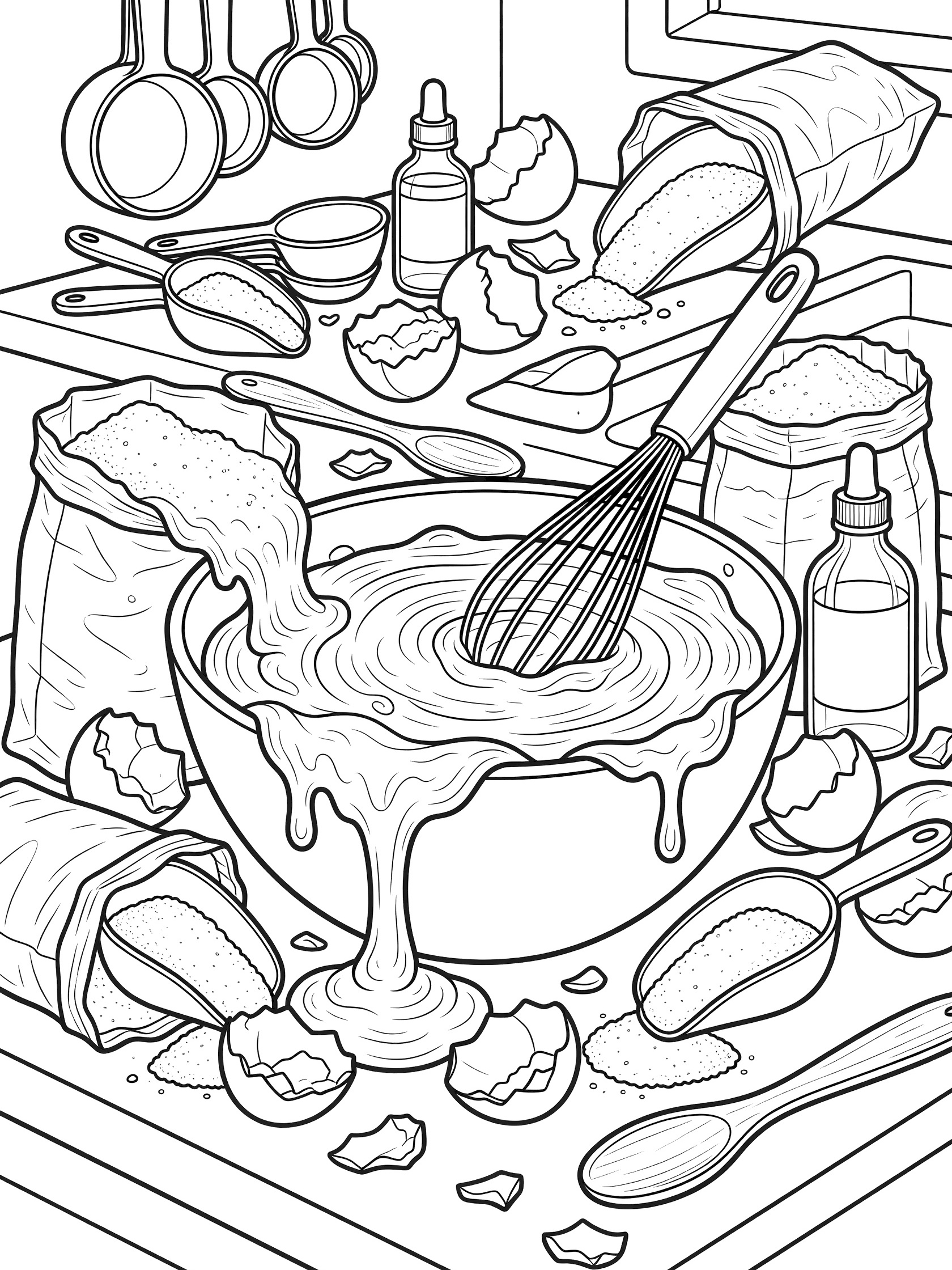Black and white line art of cupcake batter mixing in a large bowl on kitchen counter with whisk, eggshells, flour bags, sugar scoops, measuring cups, and vanilla bottles.