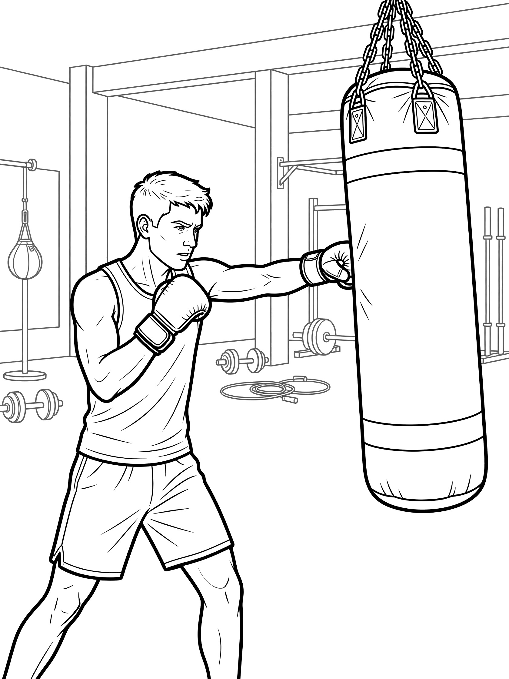 Line drawing of determined athlete wearing MMA gloves punching a hanging heavy bag with chains in a gym full of weights and equipment.