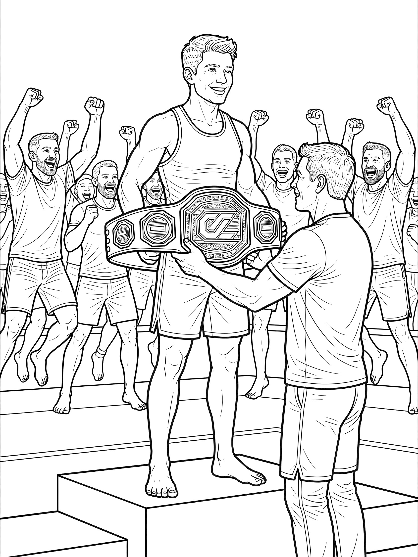 Black-and-white coloring page showing a smiling young MMA athlete receiving a championship belt from his coach on a podium, surrounded by cheering teammates in a gym.