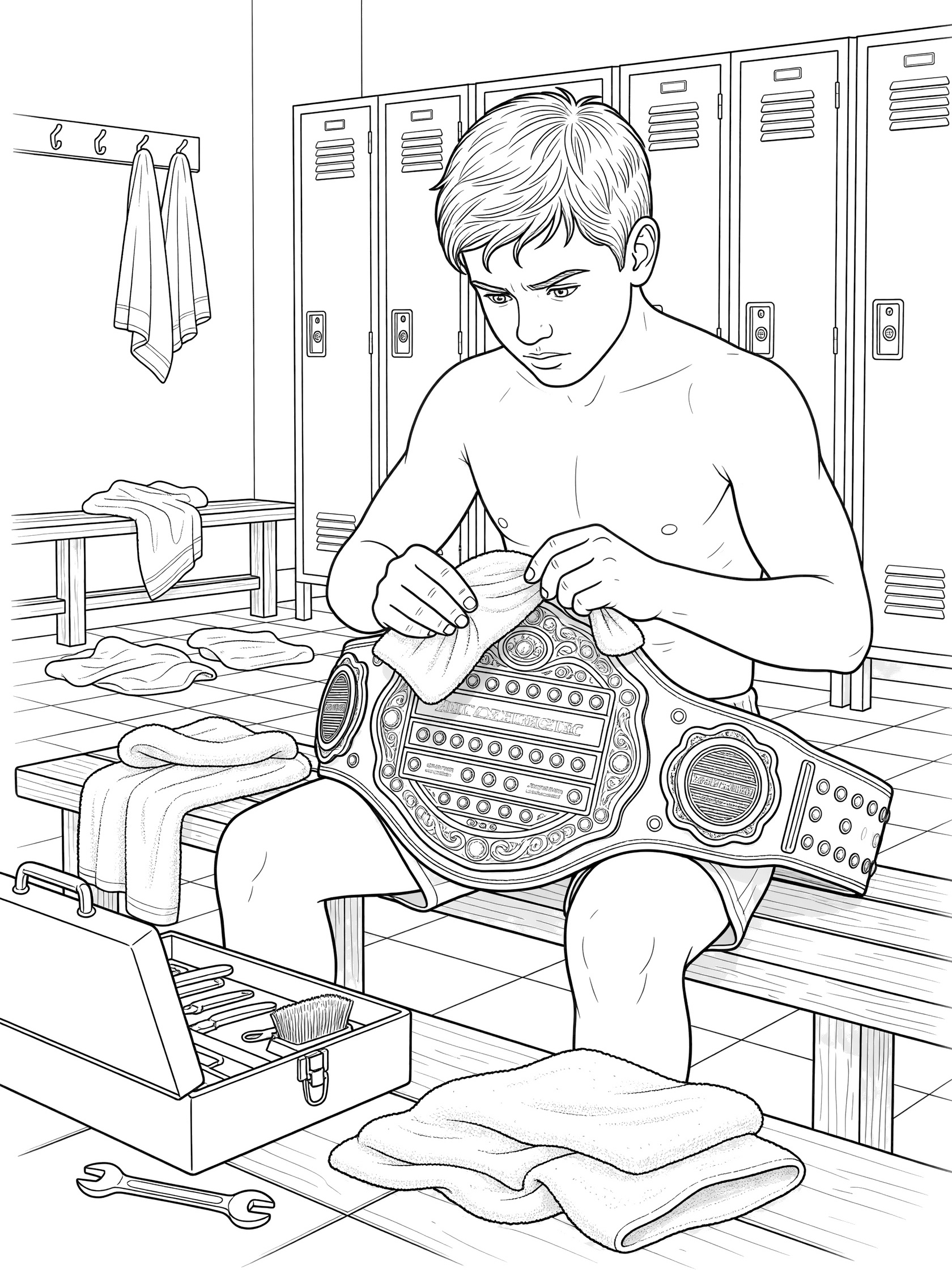 Young fighter polishing intricate MMA champion belt with cloth in locker room, surrounded by towels and bench