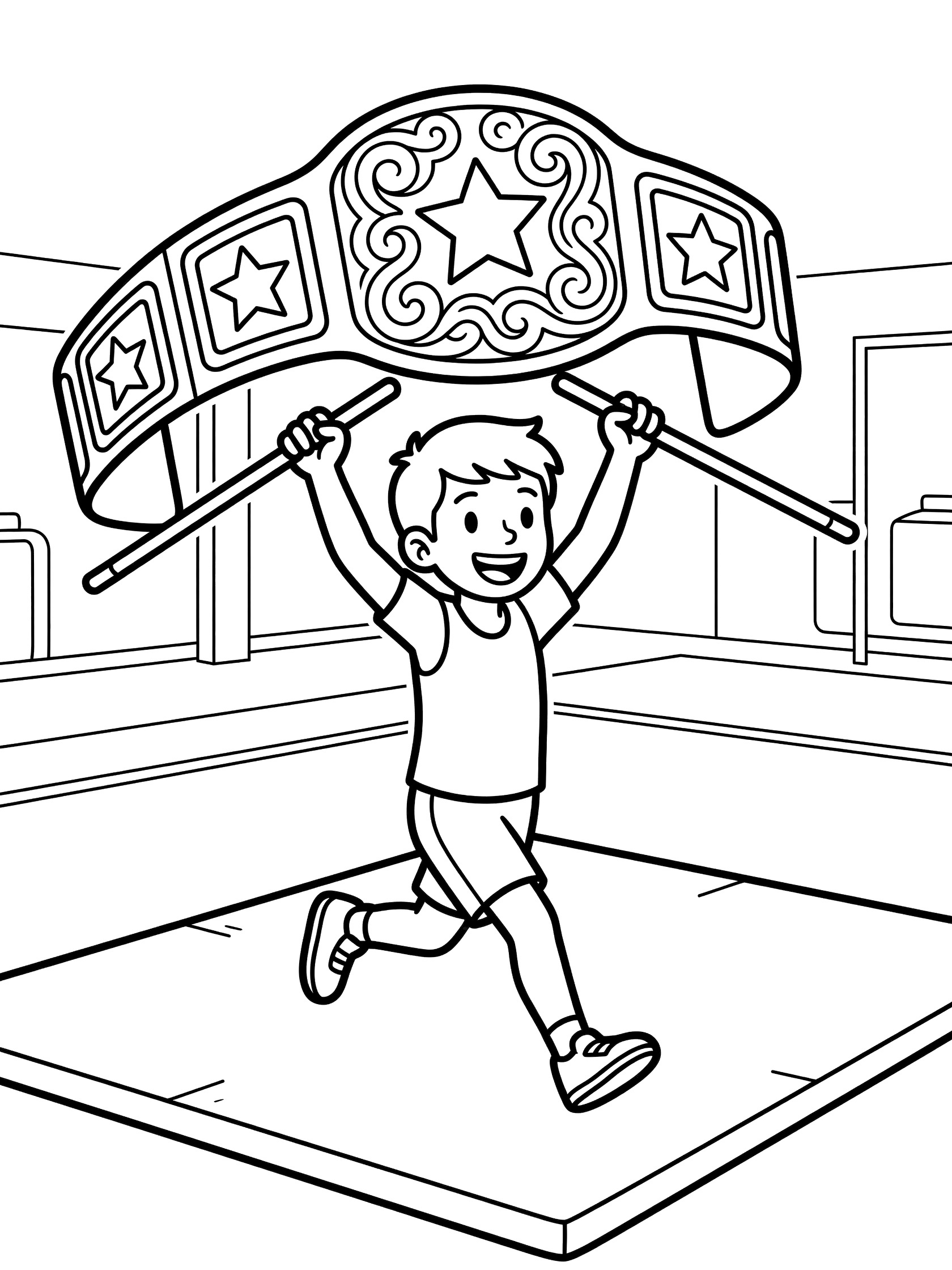 Black-and-white coloring page of a happy young fighter in shorts and sneakers running on a gym mat, holding up a detailed championship belt with stars and swirls on poles.