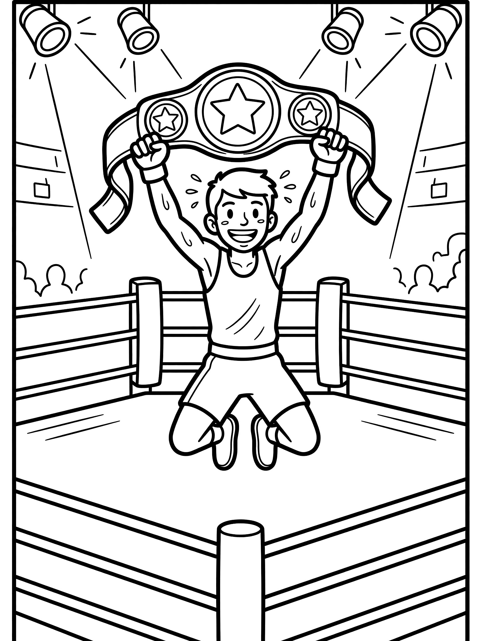 Black-and-white line art coloring page of a triumphant young MMA fighter in shorts and tank top, jumping in the octagon cage with bright lights, holding up a championship belt overhead