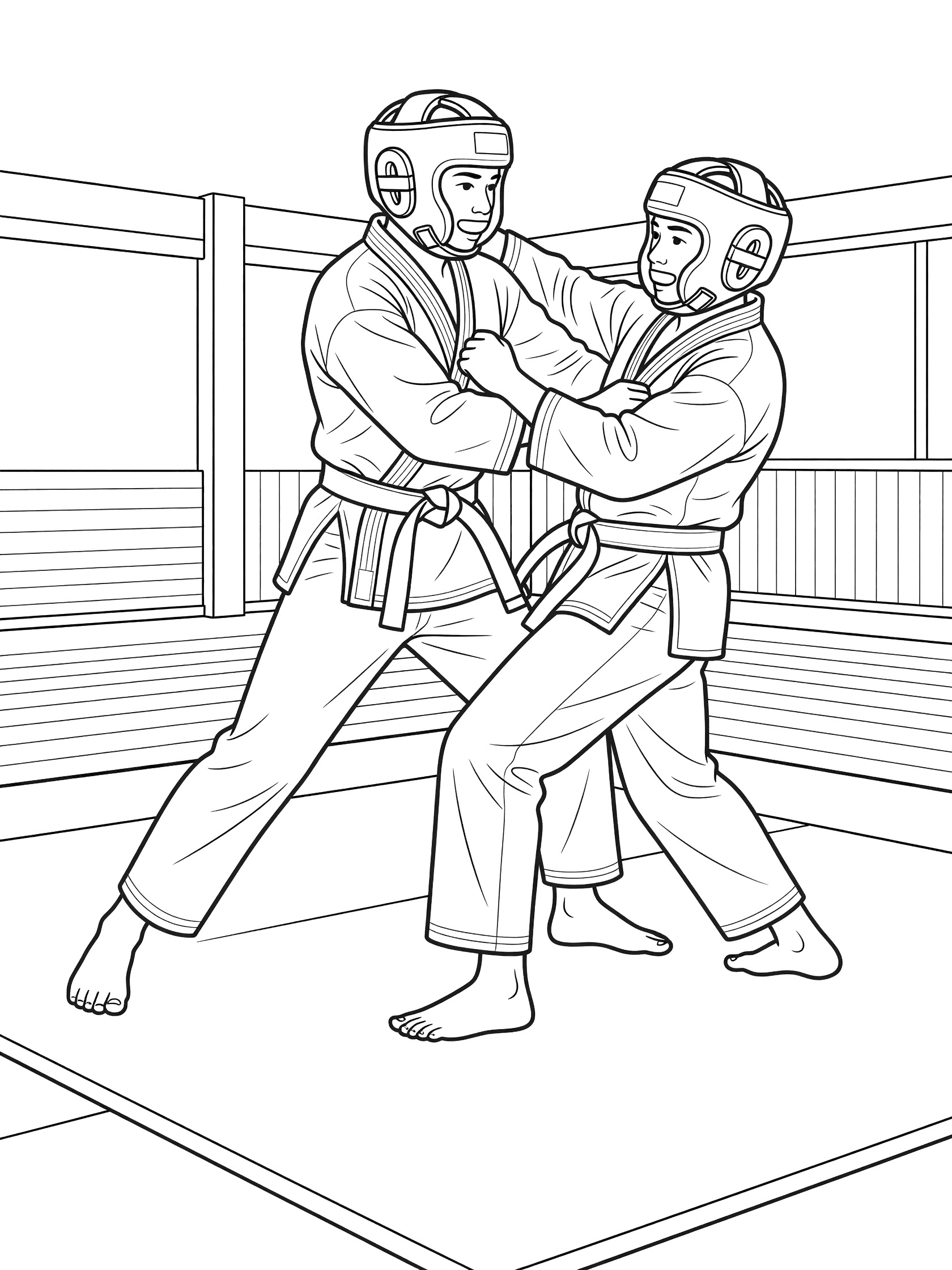 Black and white coloring page of fighter executing takedown on opponent wearing headgear on dojo mat.