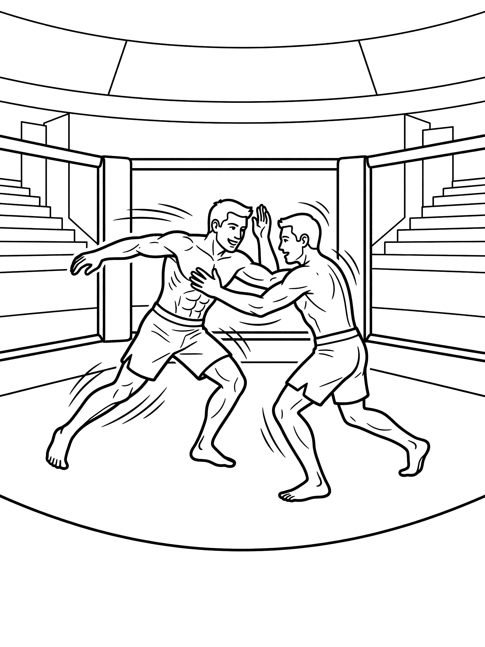 Black and white coloring page of two male MMA fighters in shorts performing a ground grapple takedown in a geometric octagon cage with straight fences and corner pads.