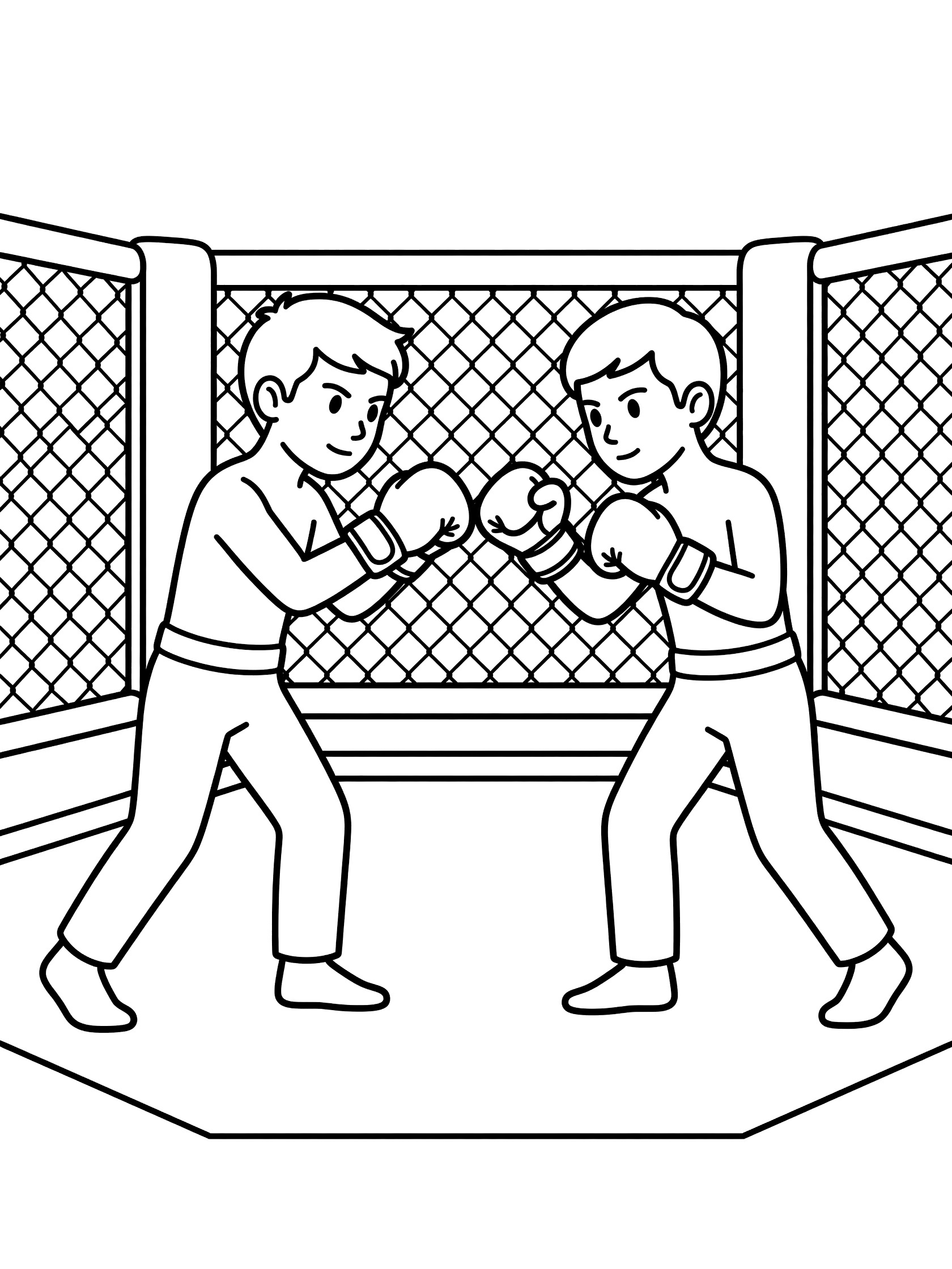 Black-and-white coloring page of two friendly MMA fighters with gloves touching fists before sparring in an octagon ring with chain-link cage and floor mats.