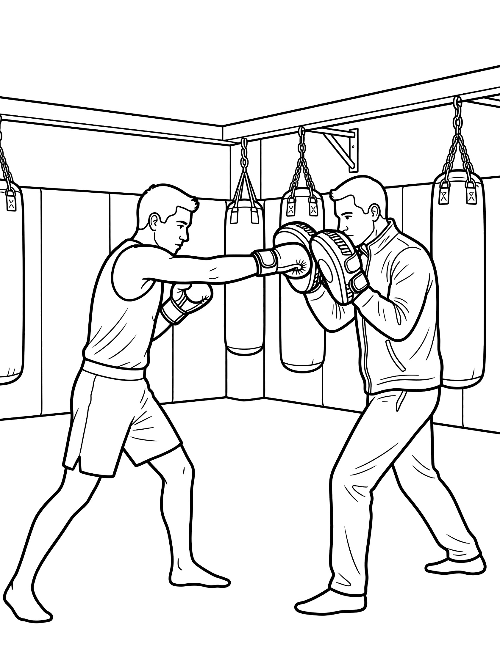 Black and white line art of two athletes training MMA: one in gloves throwing a straight punch at focus mitts with targets, held by partner, in dojo with wall pads and hanging bags.