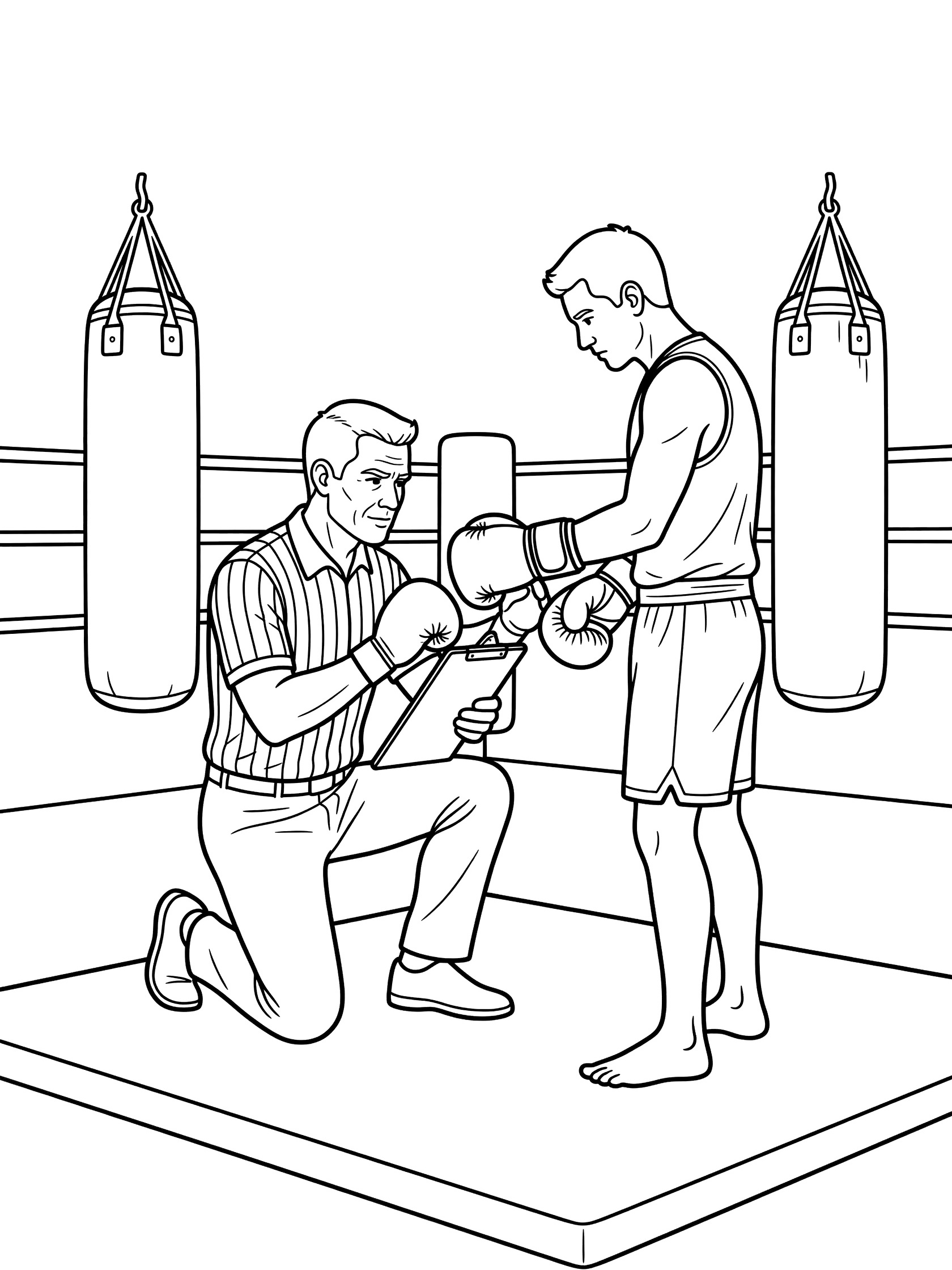 MMA referee in striped shirt kneeling to inspect fighter's gloves while holding clipboard, with punching bags in gym background