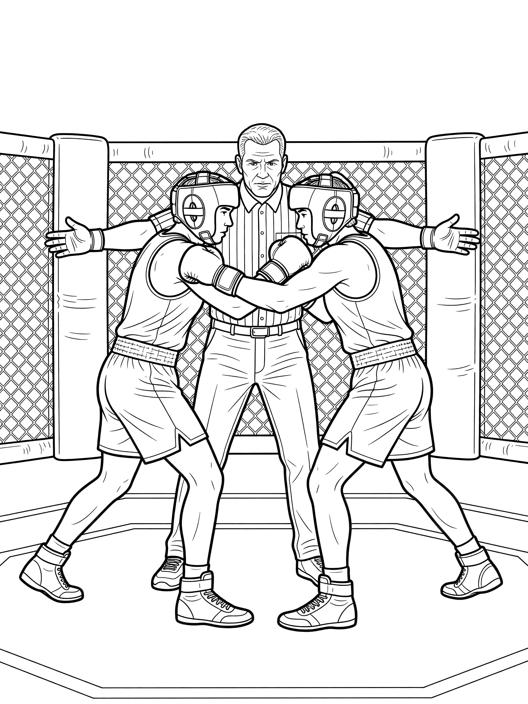 MMA referee in black-and-white line art separating two fighters wearing headgear and gloves in an octagon with chain-link walls and corner pads.