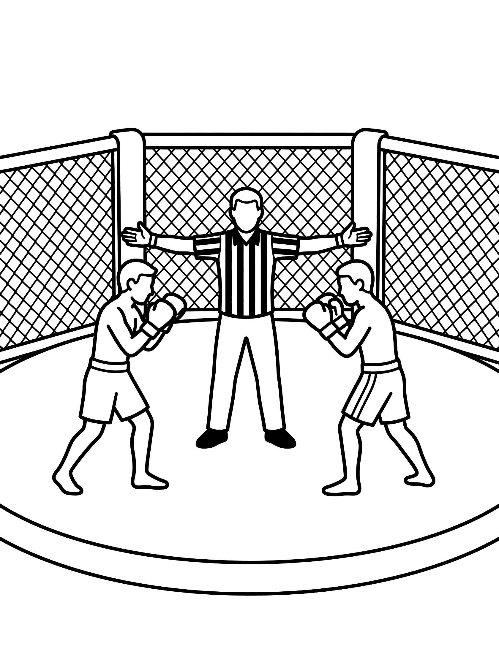 Black and white coloring page of MMA referee signaling the start of the round with arms out in the octagon, two fighters in gloves and shorts facing each other