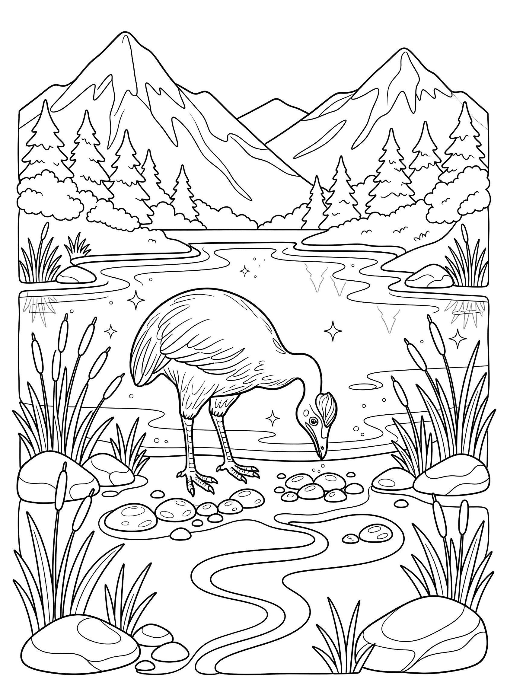 Line art coloring page showing a tall moa bird with long neck bending to peck shiny pebbles on the shore of a sparkling mountain lake, surrounded by reeds, rocks, pine trees and mountains.