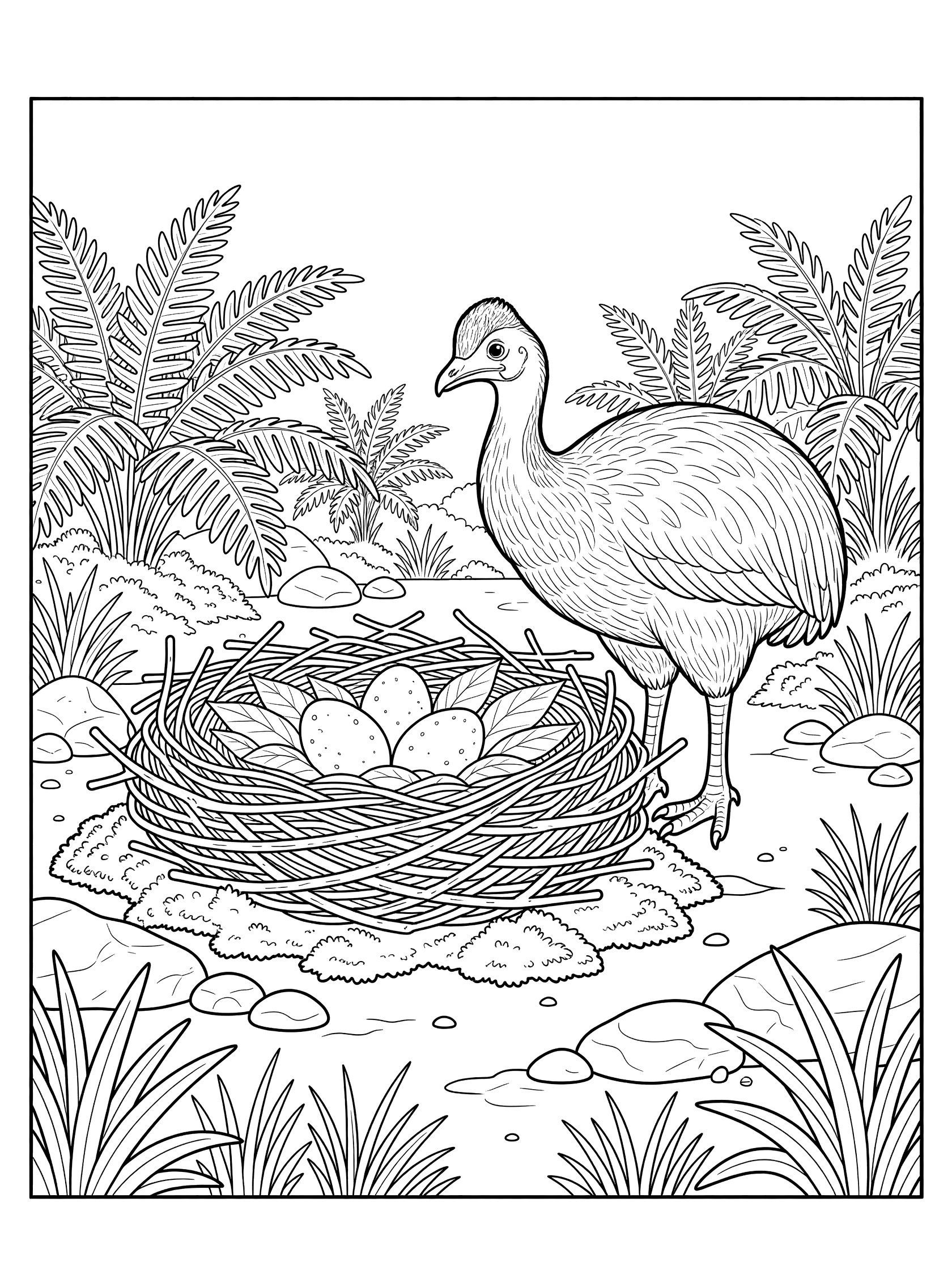 Black-and-white coloring page of a moa bird standing by its woven nest holding three large eggs, surrounded by ferns, grasses, pebbles, and moss in a forest clearing.
