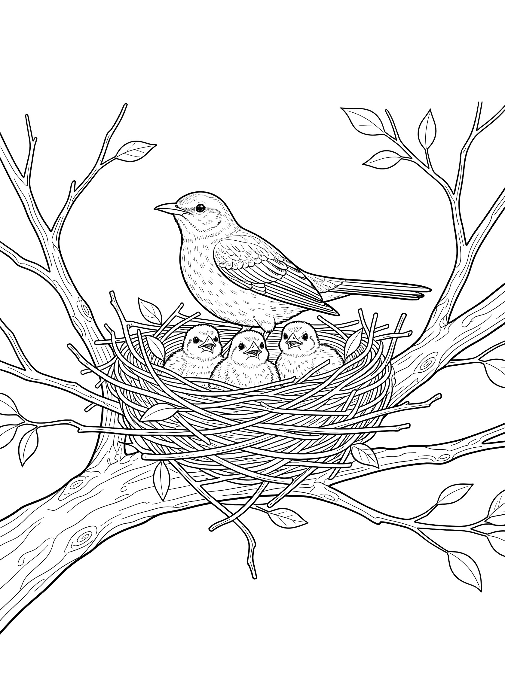 Black and white coloring book page showing a mockingbird perched on a twig nest with three baby birds looking out, on a tree limb.