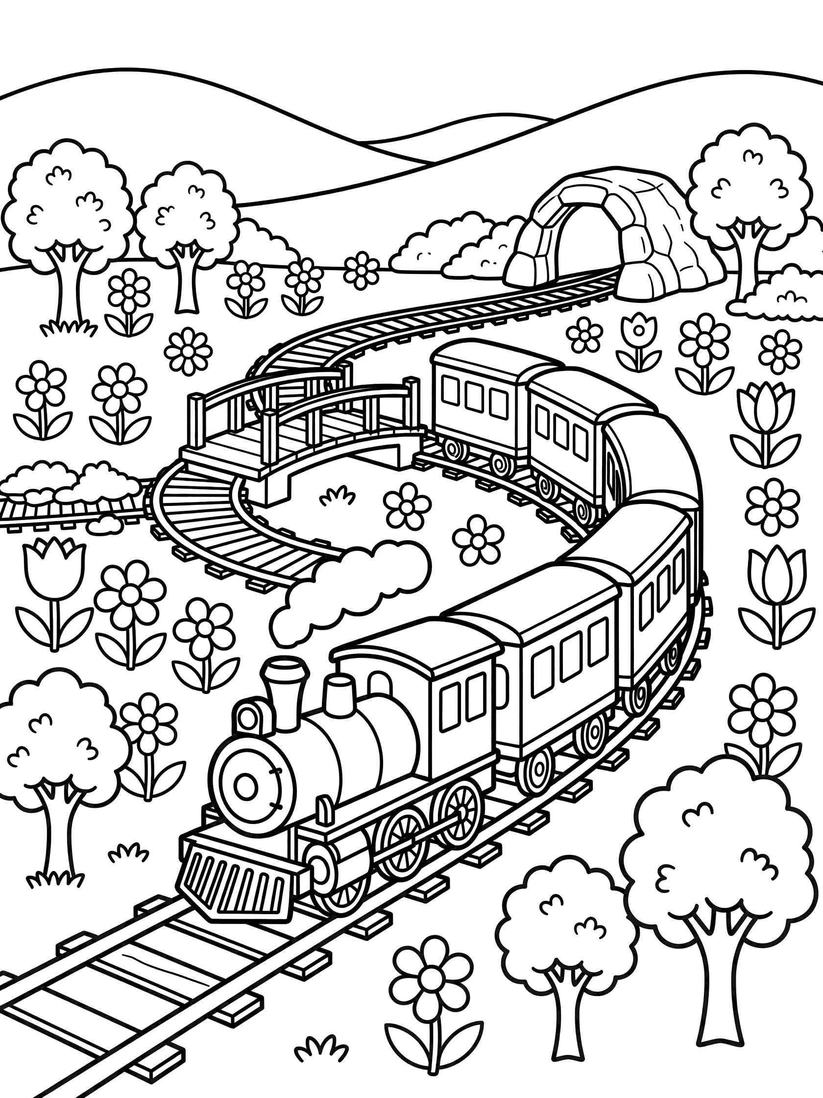 Black and white line art of a model train on a curvy track rounding a bend through a garden with trees, flowers, bridge, and tunnel for coloring