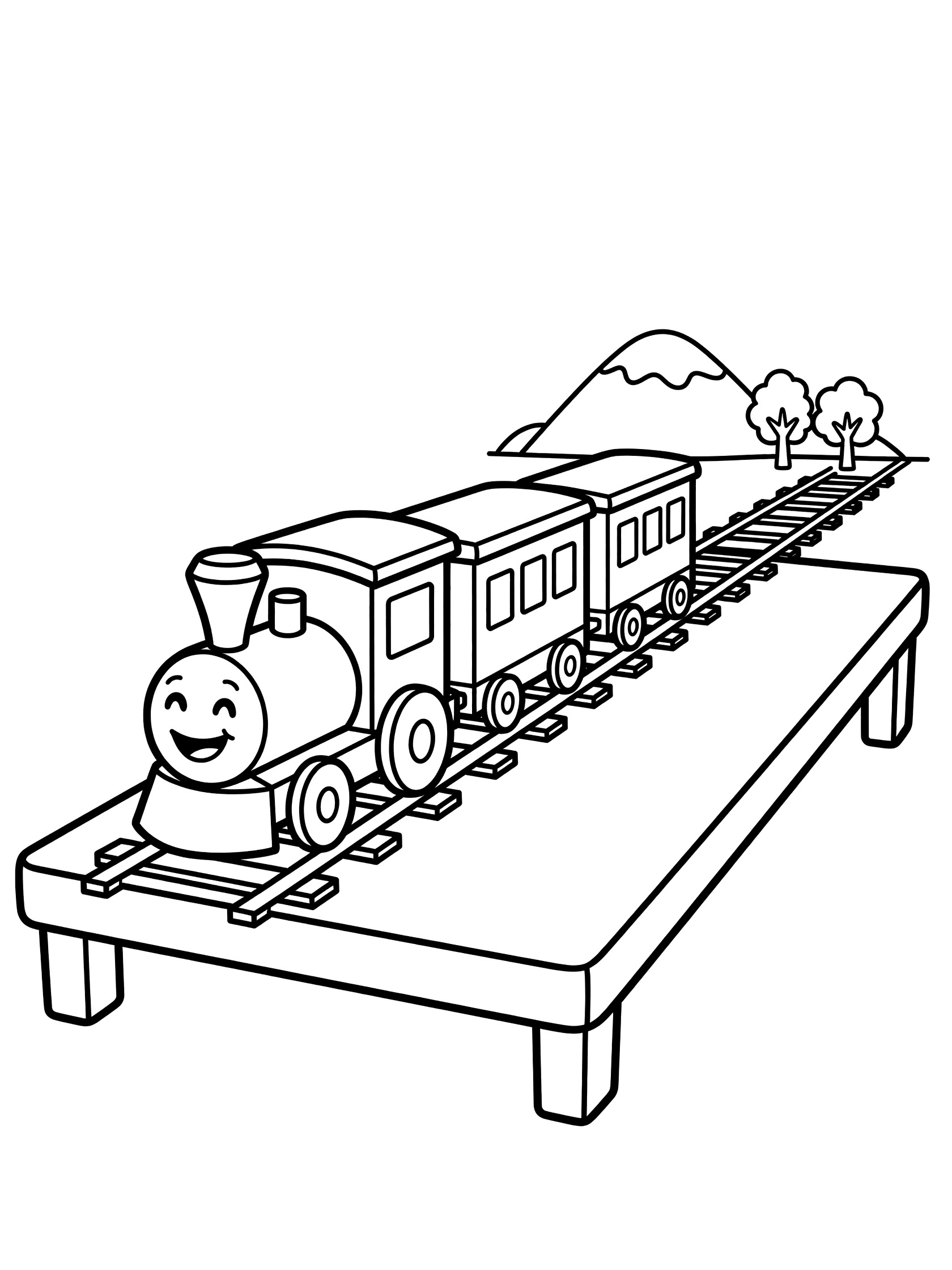 Black and white line art coloring page showing a smiling model train locomotive pulling two cars along a track on a wooden table, with small trees and a hill nearby. Model Trains themed black and white printable line art