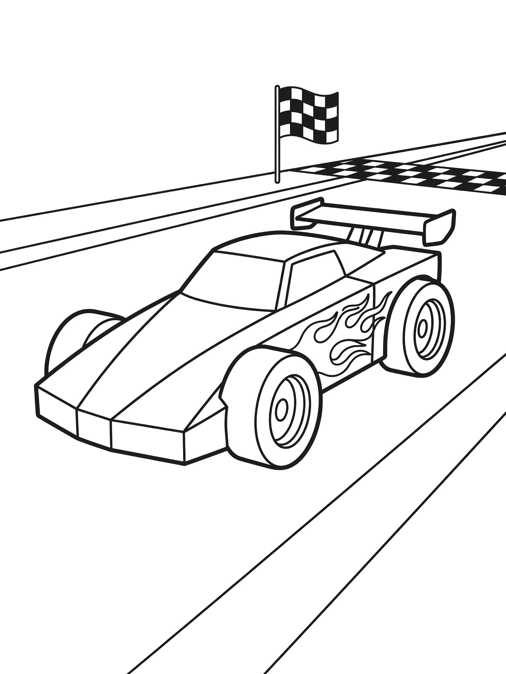 Black and white line art of a modified race car with angular body, oversized rear wheels, side flames, and large rear spoiler racing across checkered finish line on a track with checkered flag.