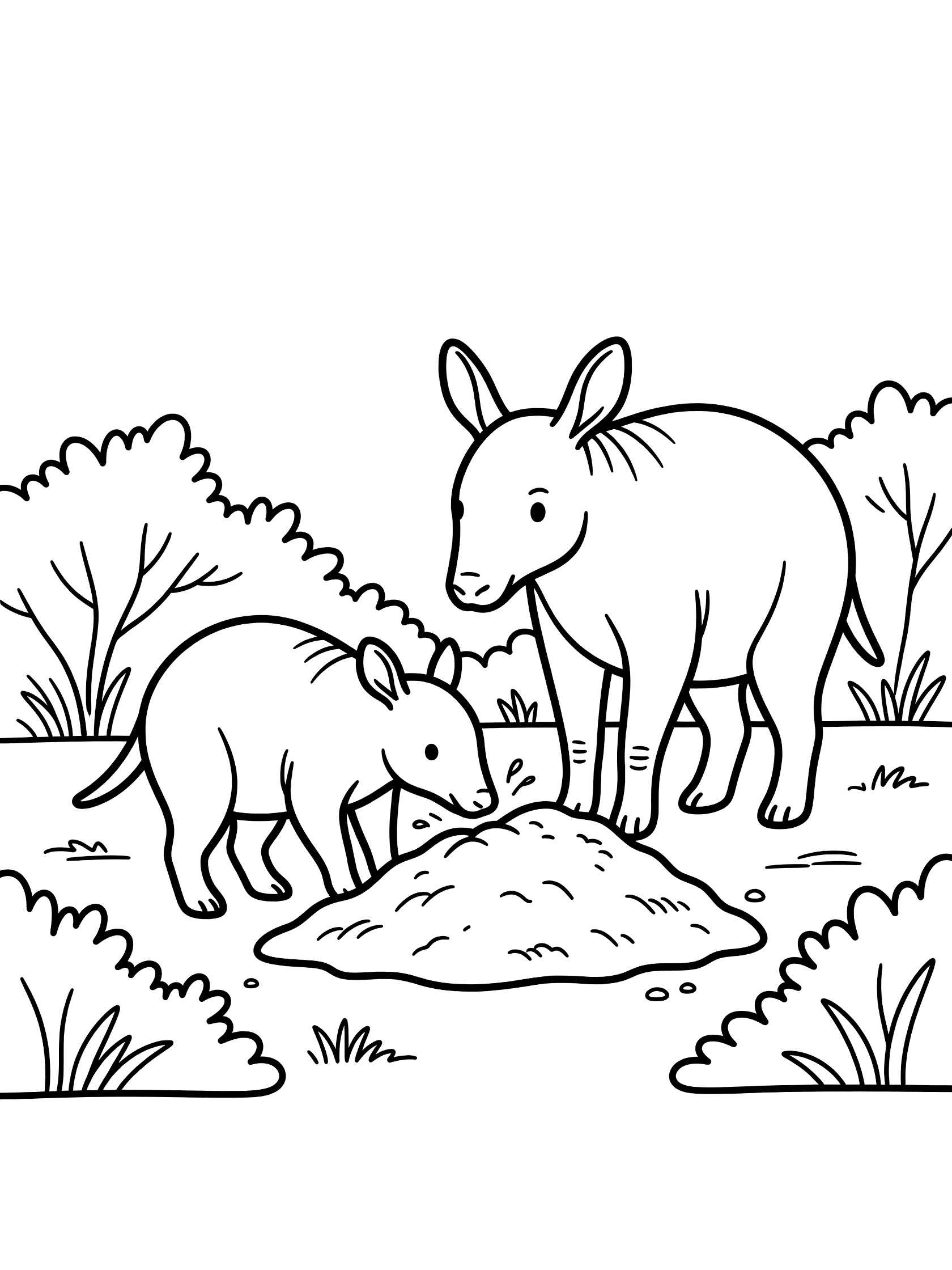 Printable coloring page showing a mother aardvark standing beside her baby aardvark poking its snout into a mud pile, surrounded by simple bushes, all in clean black line art.