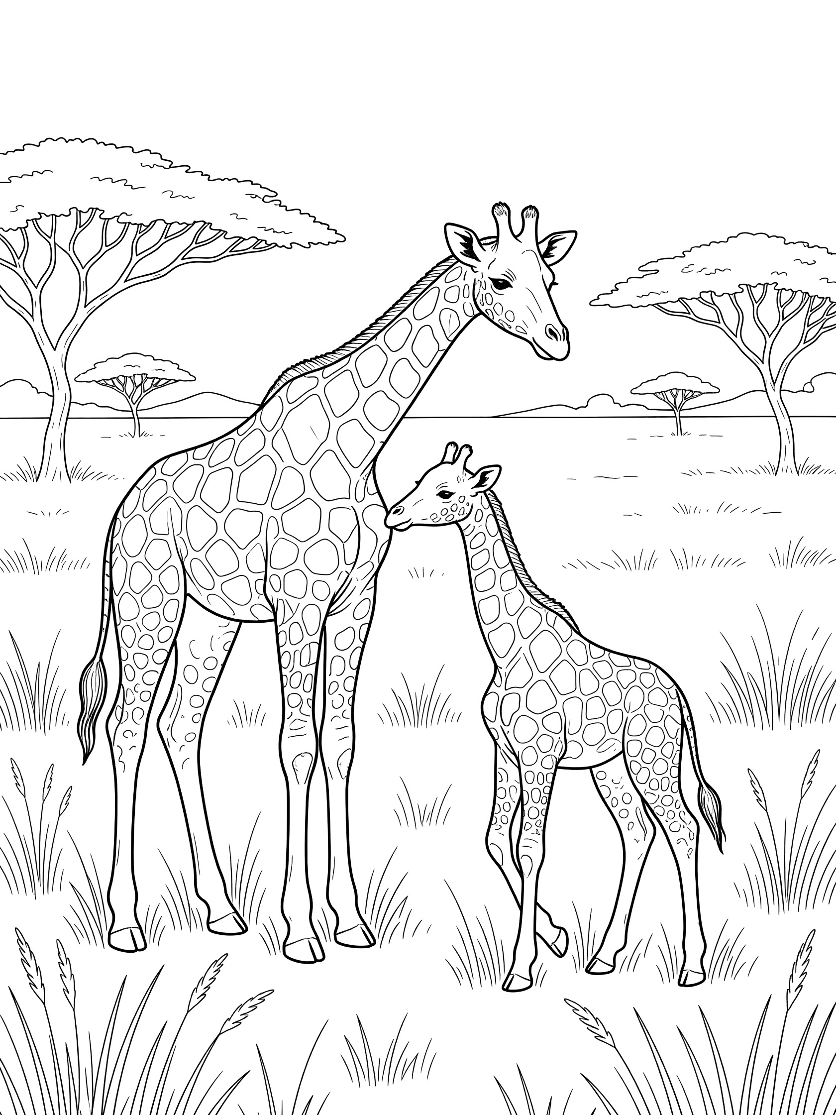 Black and white line art of a mother giraffe and baby giraffe in grassy savanna with trees and tall grass.