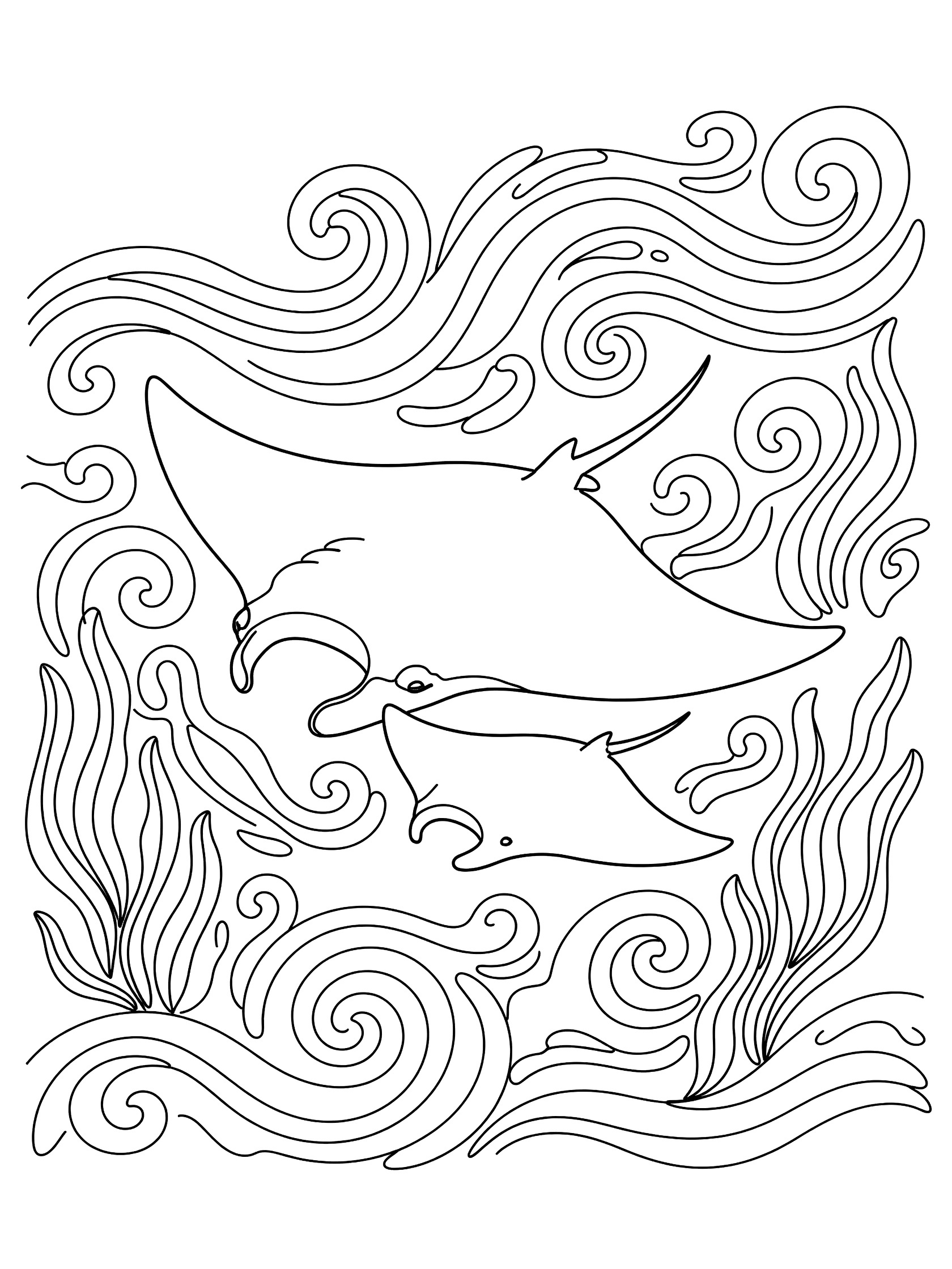 Black and white line art coloring page showing a large mom manta ray swimming next to a small baby manta ray amid swirling waves and kelp plants.