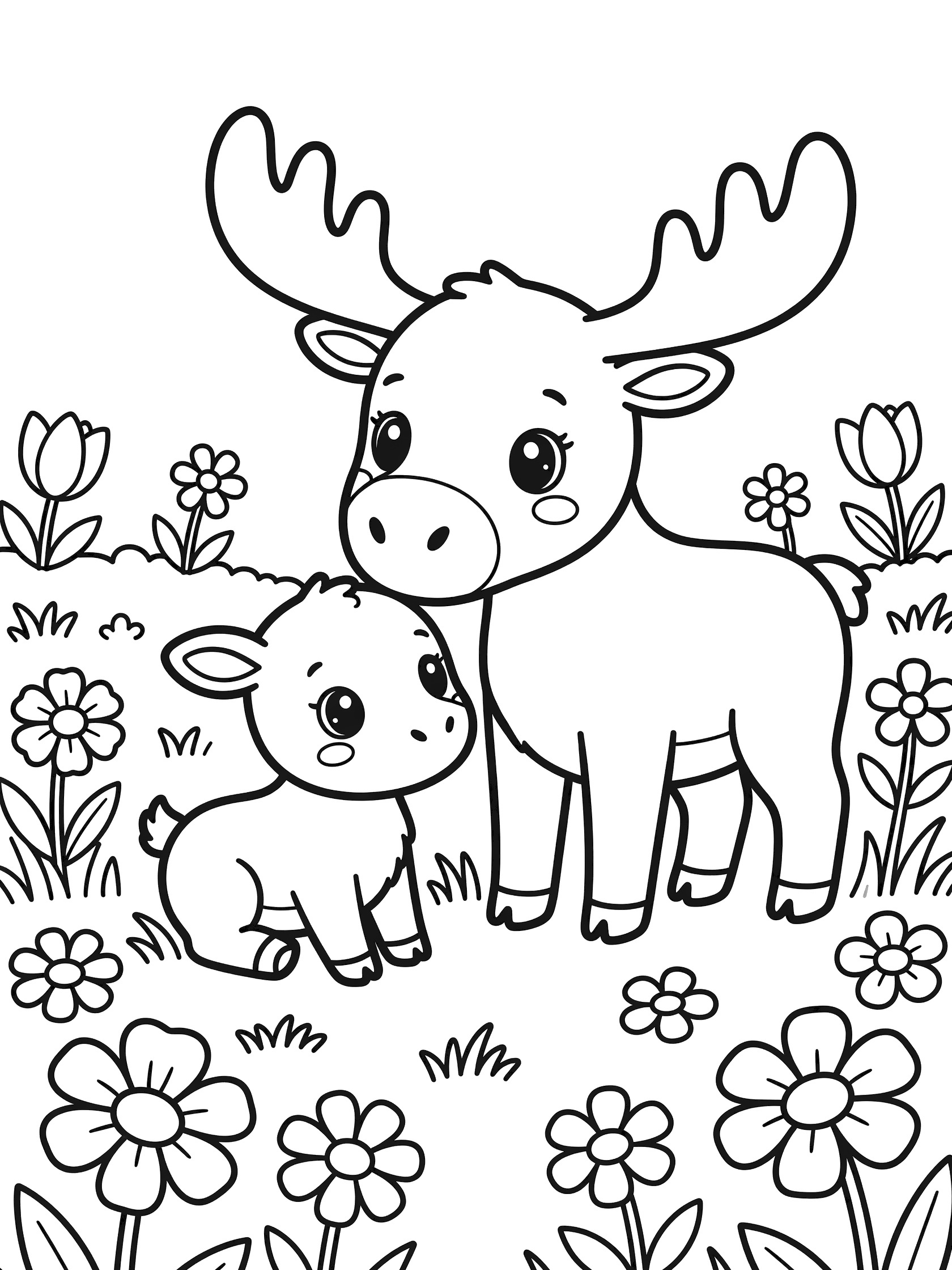 Black and white coloring page of a mother moose with big eyes nuzzling her baby moose calf in a field of flowers