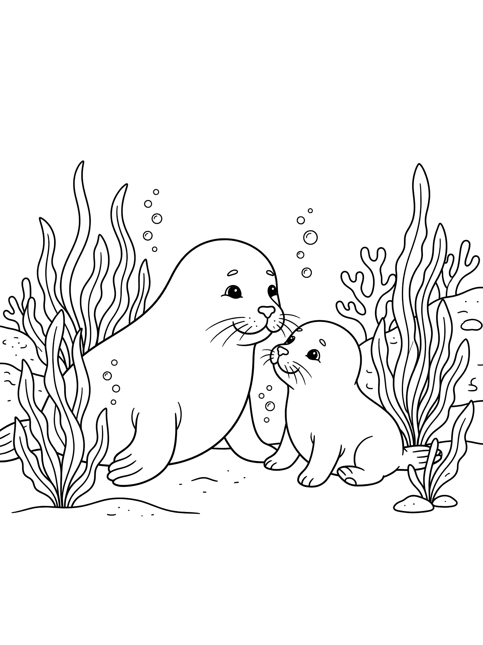 Black and white line art of a mother seal nuzzling her baby seal underwater surrounded by seaweed, bubbles, coral, and ocean floor rocks.