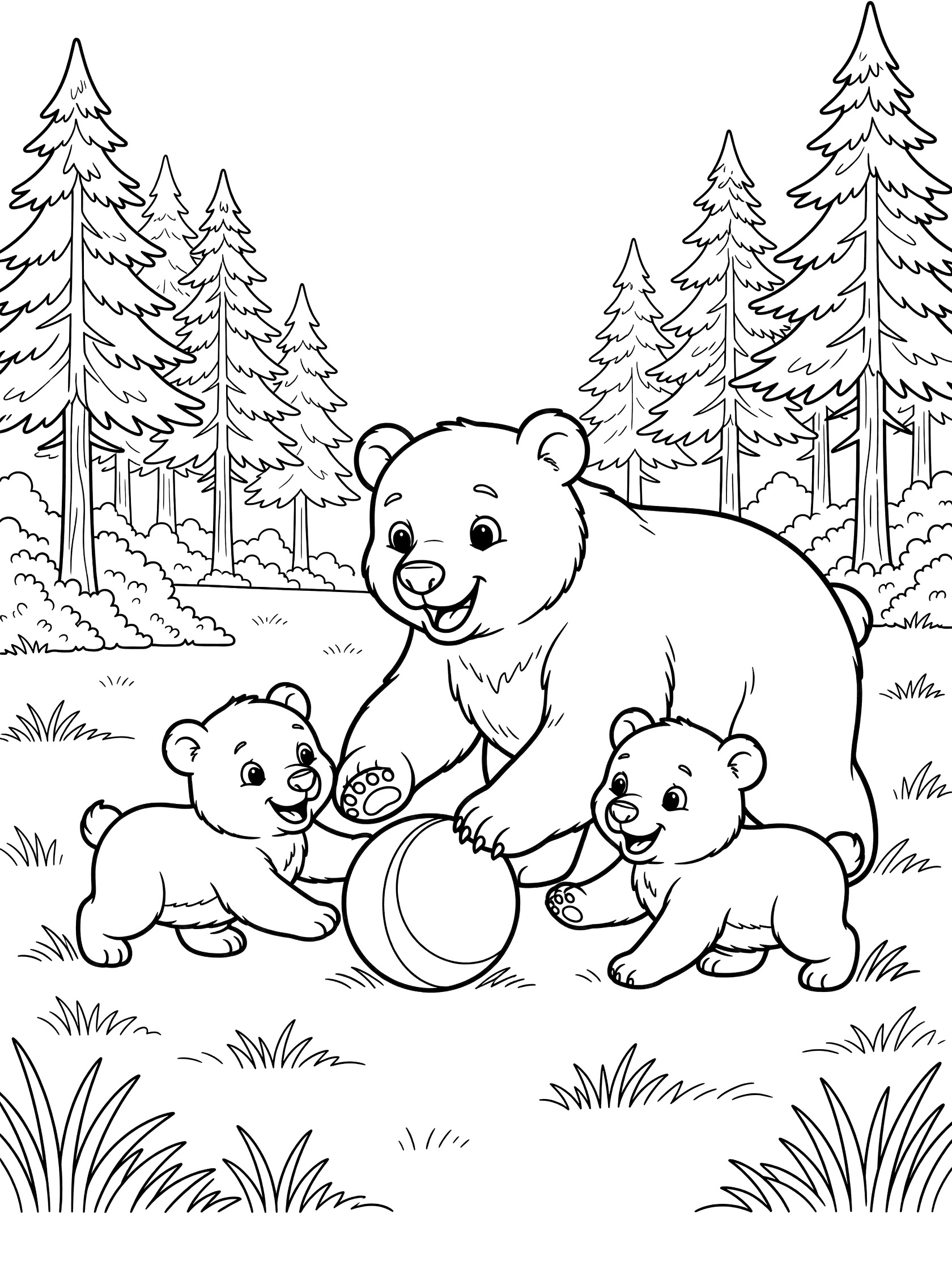 Line art coloring page showing a mother bear and two bear cubs playing with a round ball on grass surrounded by pine trees