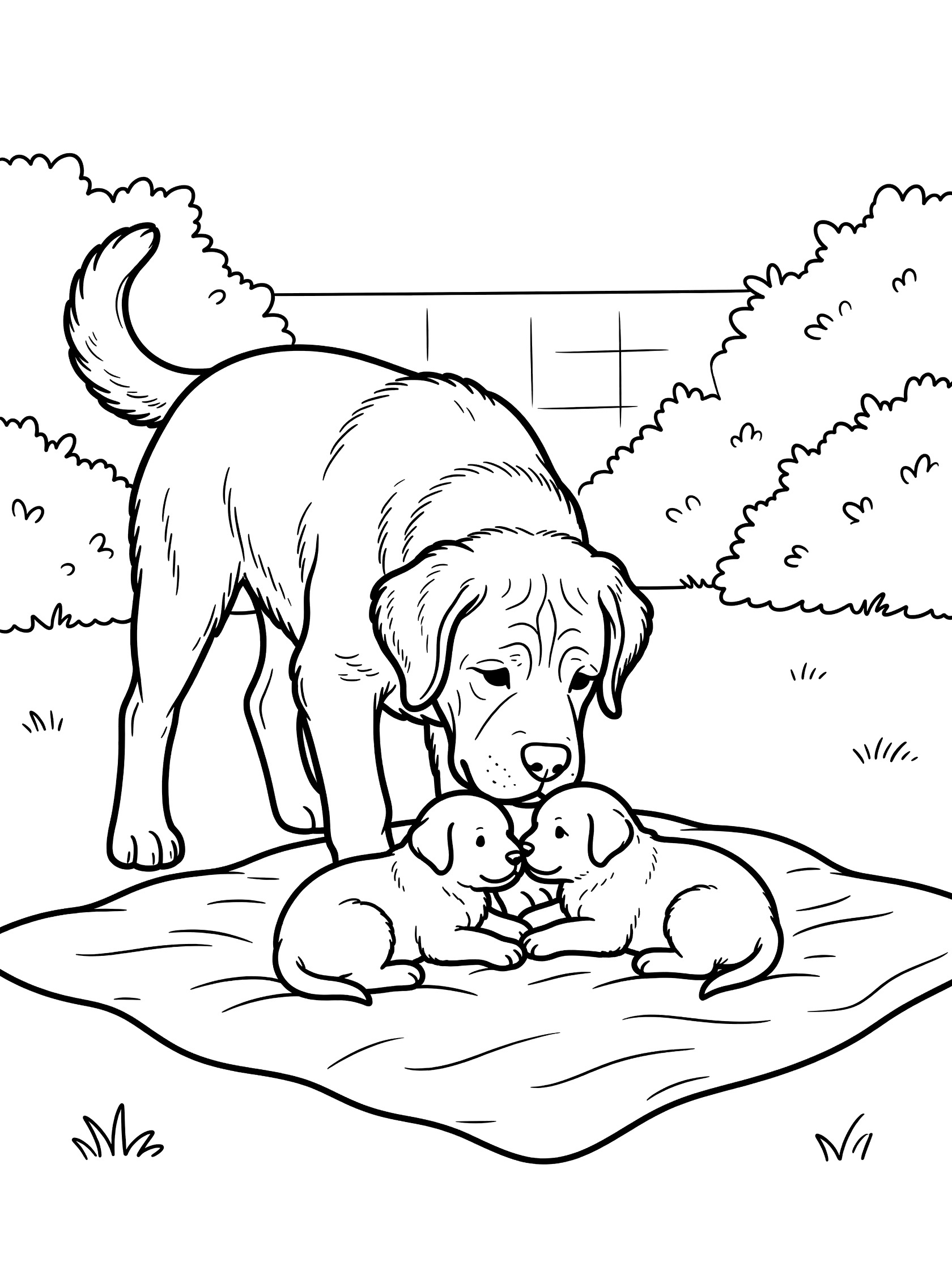 Black and white line art coloring page showing a large mom dog nuzzling three small puppies on a blanket with grass and bushes in a yard. Mastiff themed black and white printable line art