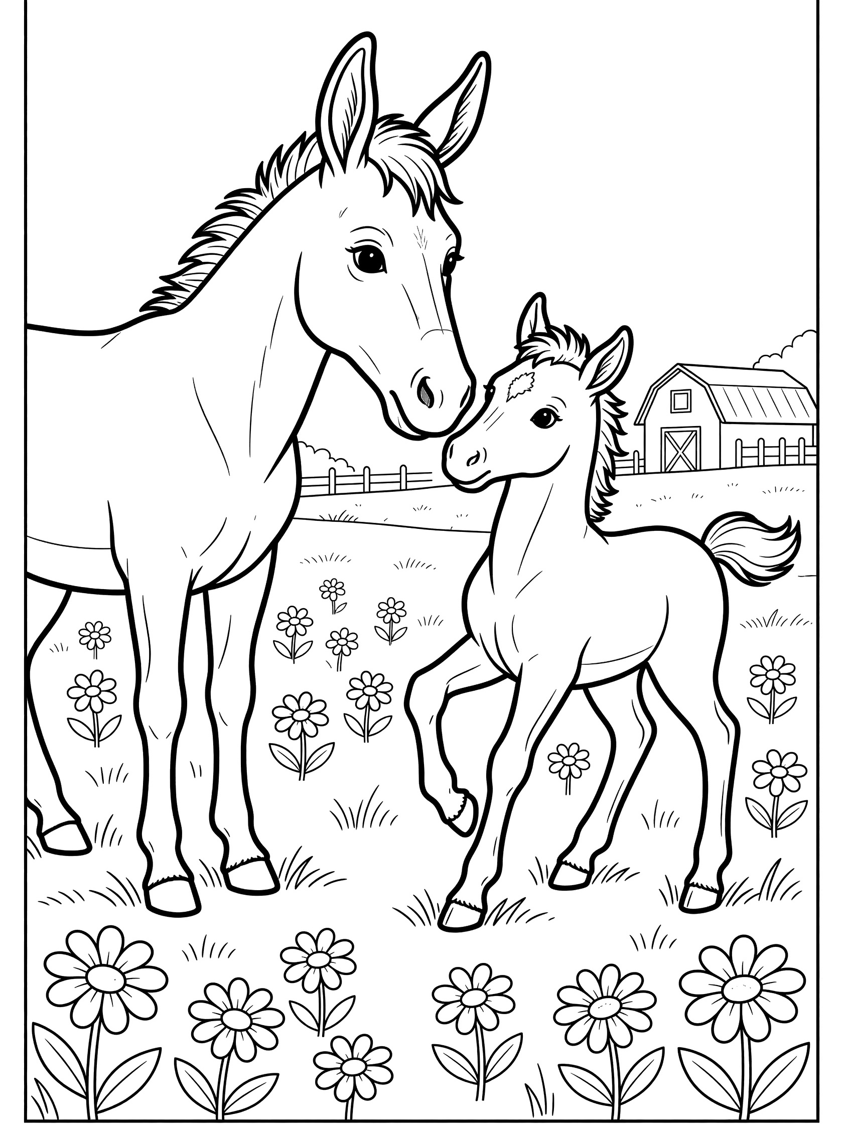 Black and white line art coloring page showing a mother donkey and her foal touching noses, standing in a field of flowers with a barn in the background. Mules themed black and white printable line art