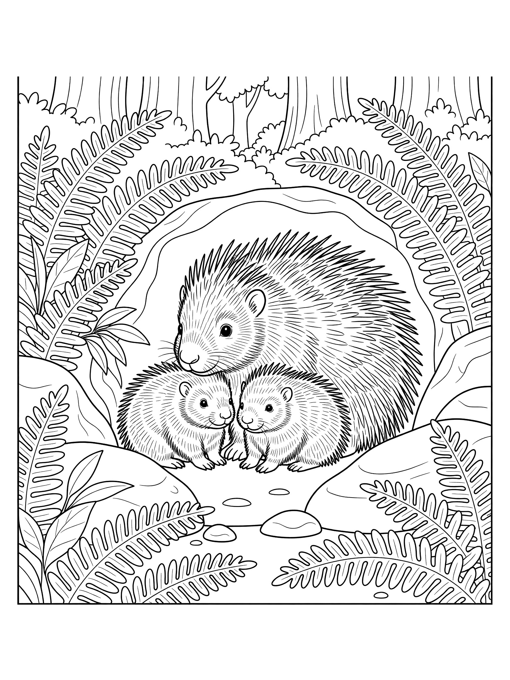 Black and white line art of a mother hedgehog hugging two baby hedgehogs inside a forest burrow framed by ferns and rocks, coloring book style. Porcupine themed black and white printable line art