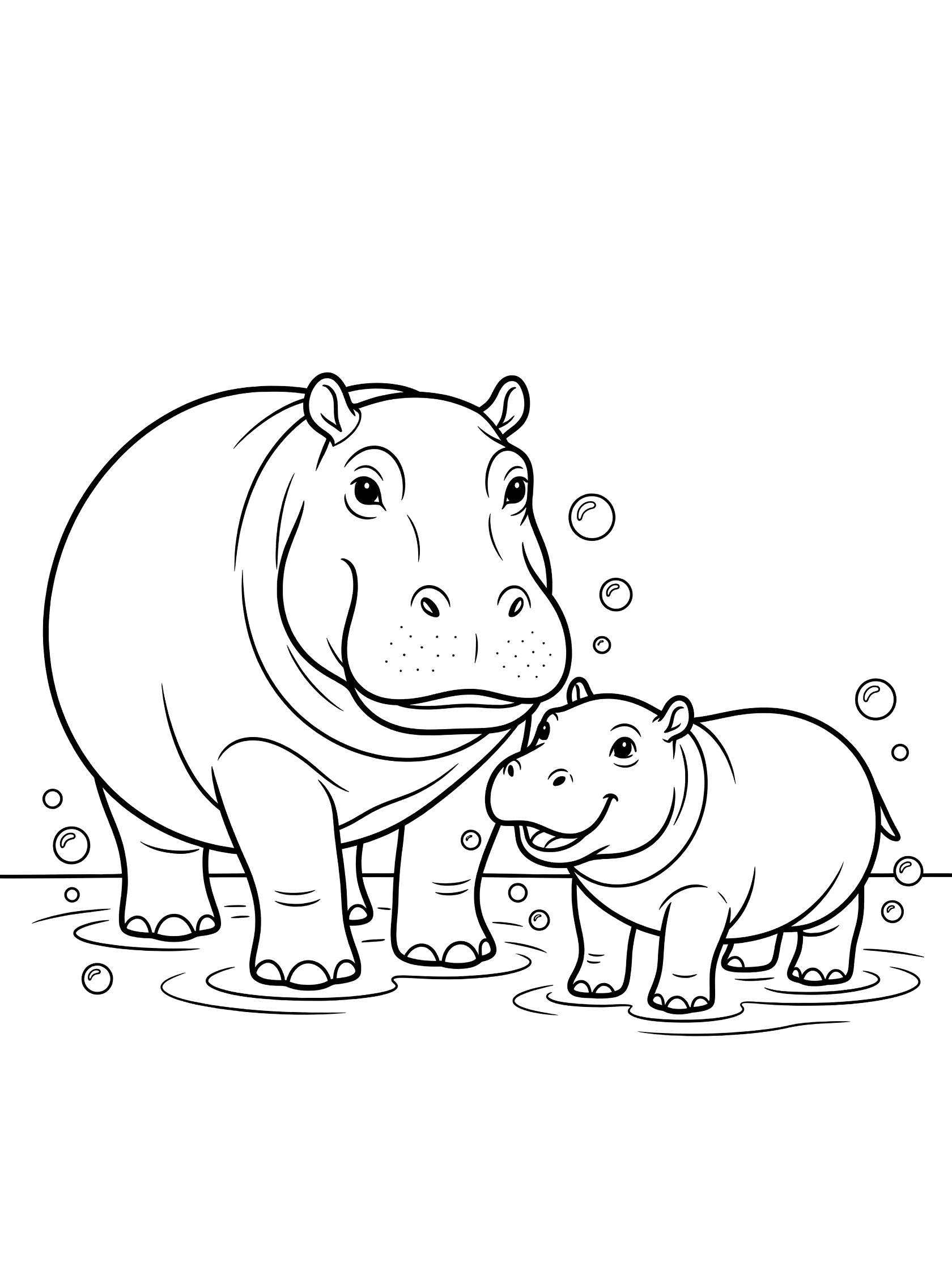 Black and white line art coloring page showing a large mom hippo standing next to a small baby hippo in water with bubbles around their feet. Hippopotamus themed black and white printable line art