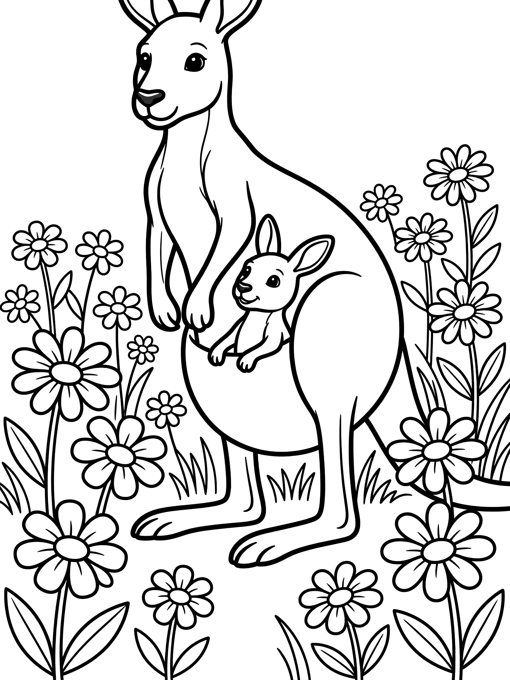Black and white line art coloring page showing a standing mom kangaroo with baby kangaroo head peeking from pouch and clusters of daisies and stems around them.