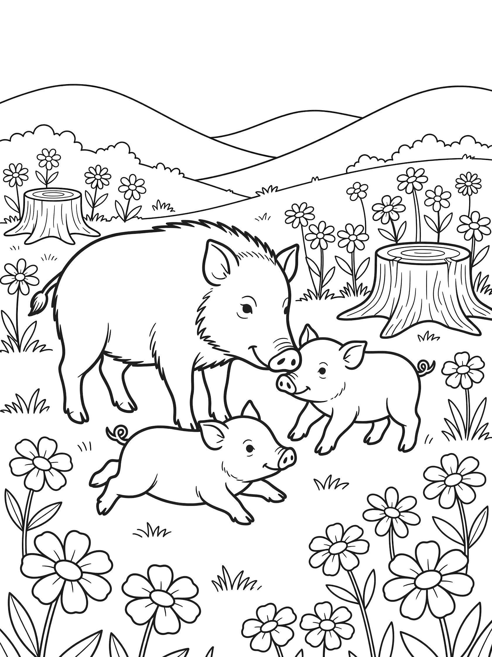 Black and white line art coloring page showing a parent boar nuzzling two baby piglets in a flower-filled meadow with gentle hills and tree stumps.