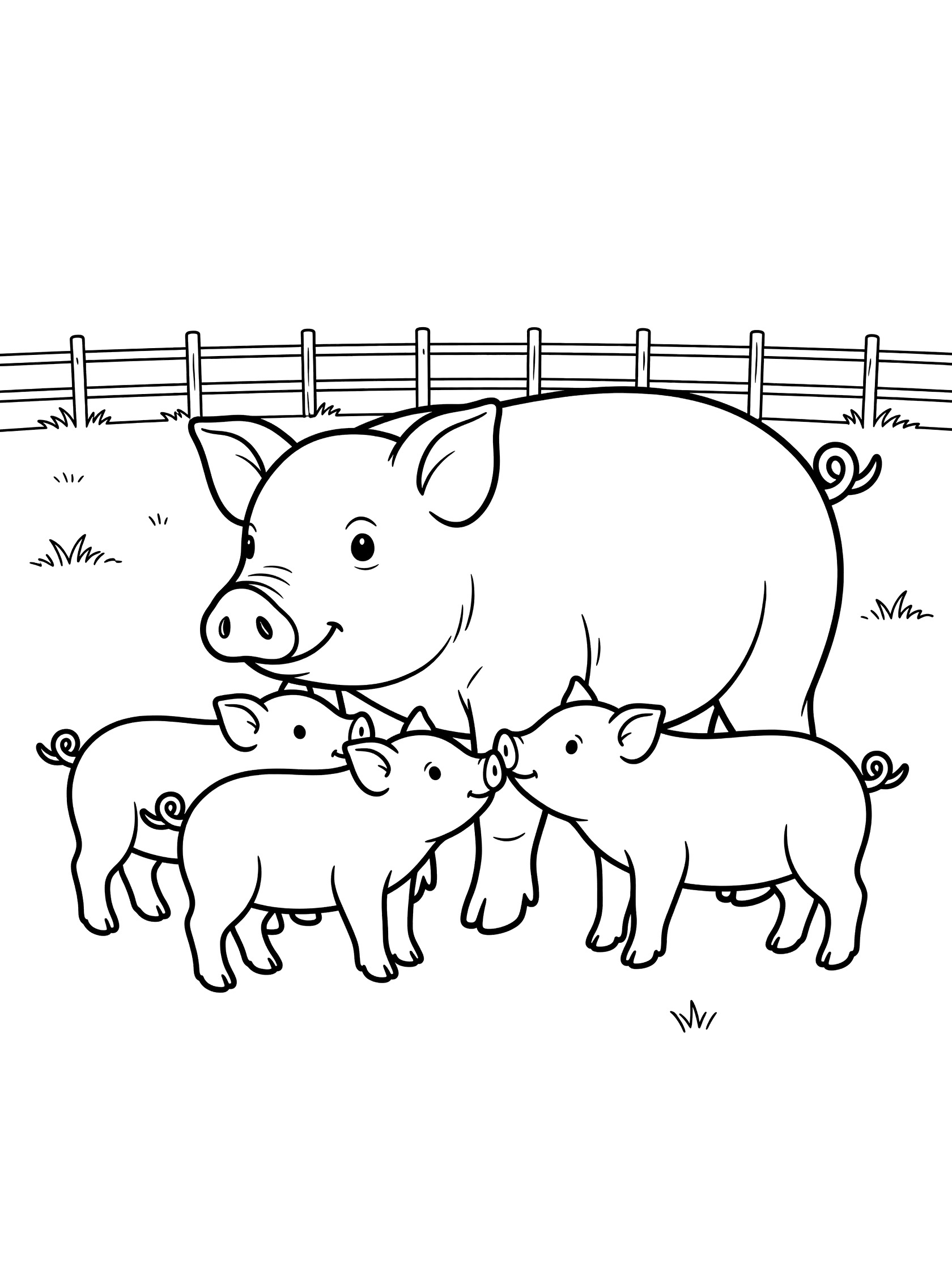 Black and white coloring page of a mother pig with three small piglets nuzzling her, next to a wooden fence and grass, clean line art for printing. Pigs themed black and white printable line art