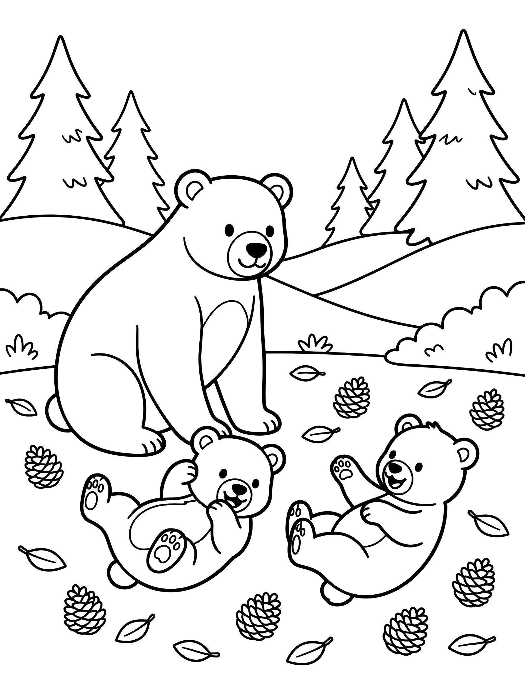 Black and white coloring page of a mother polar bear standing over two playful polar bear cubs rolling among pinecones and leaves with trees and hills in the background
