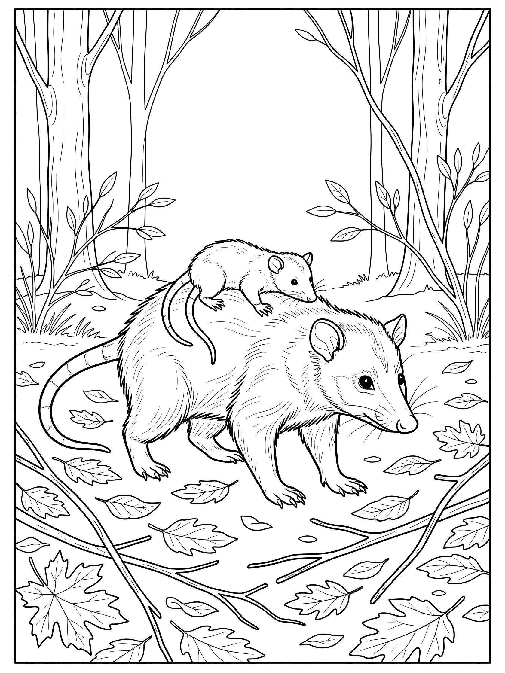 Black and white line art coloring page showing a mother possum walking through forest with two small babies clinging to her back, surrounded by trees, leaves, and twigs. Opossum themed black and white printable line art