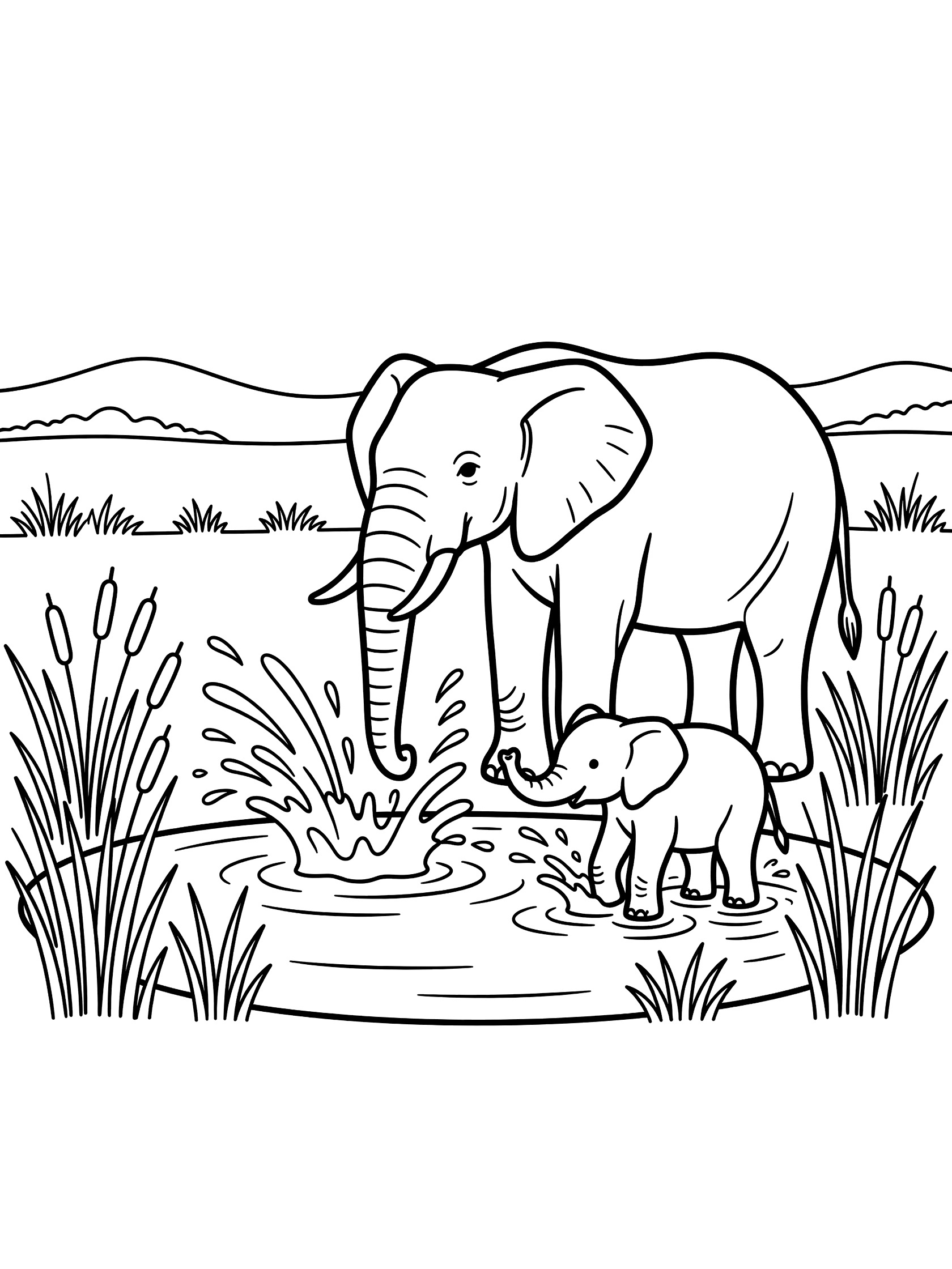 Black and white line art coloring page showing a mother elephant drinking from a watering hole while baby elephant plays and splashes water with trunk, surrounded by reeds and hills.