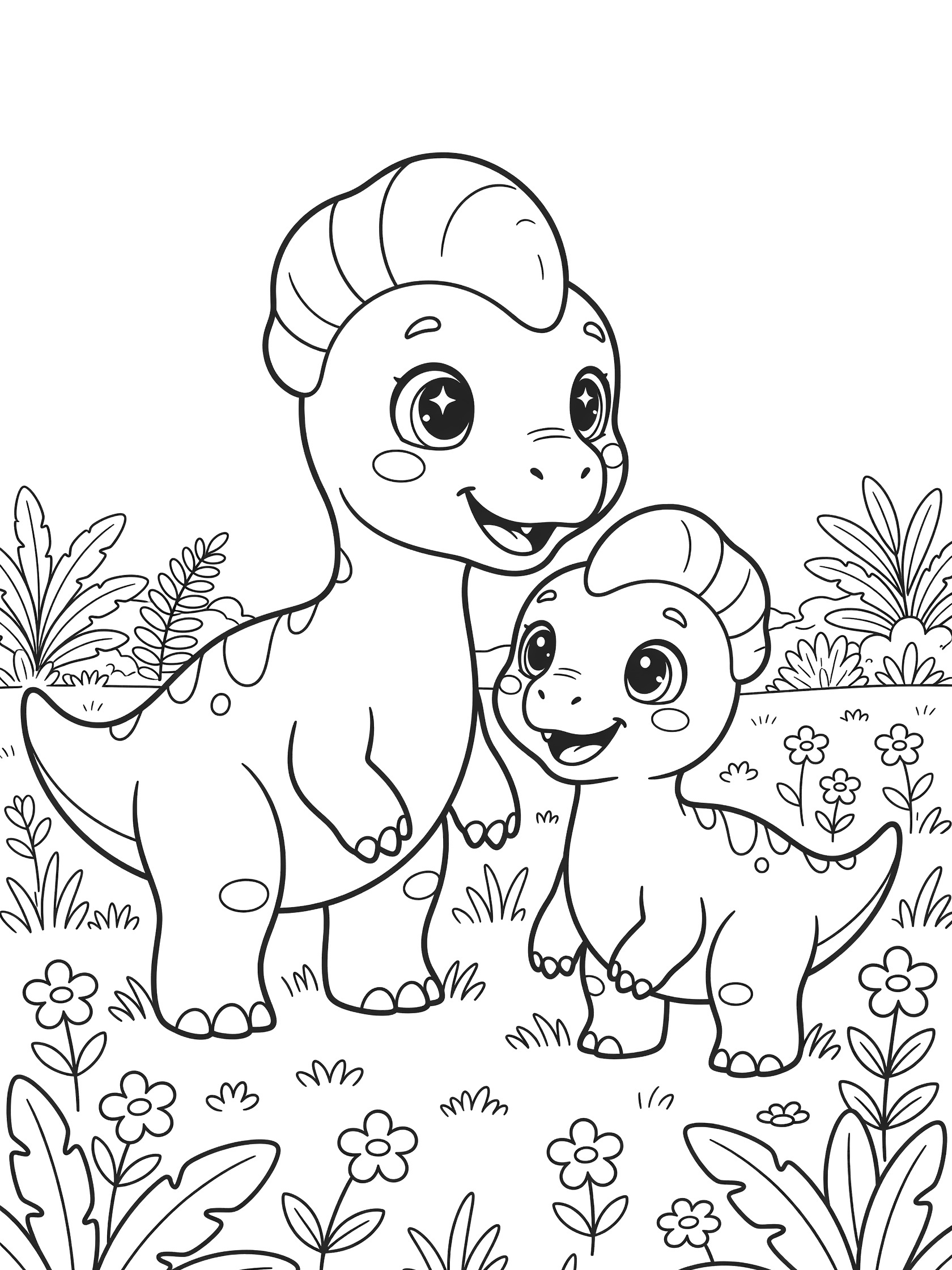 Black and white line art of kawaii mother Lambeosaurus with rounded crest and big eyes gently touching her tiny baby Lambeosaurus in a simple prehistoric meadow.