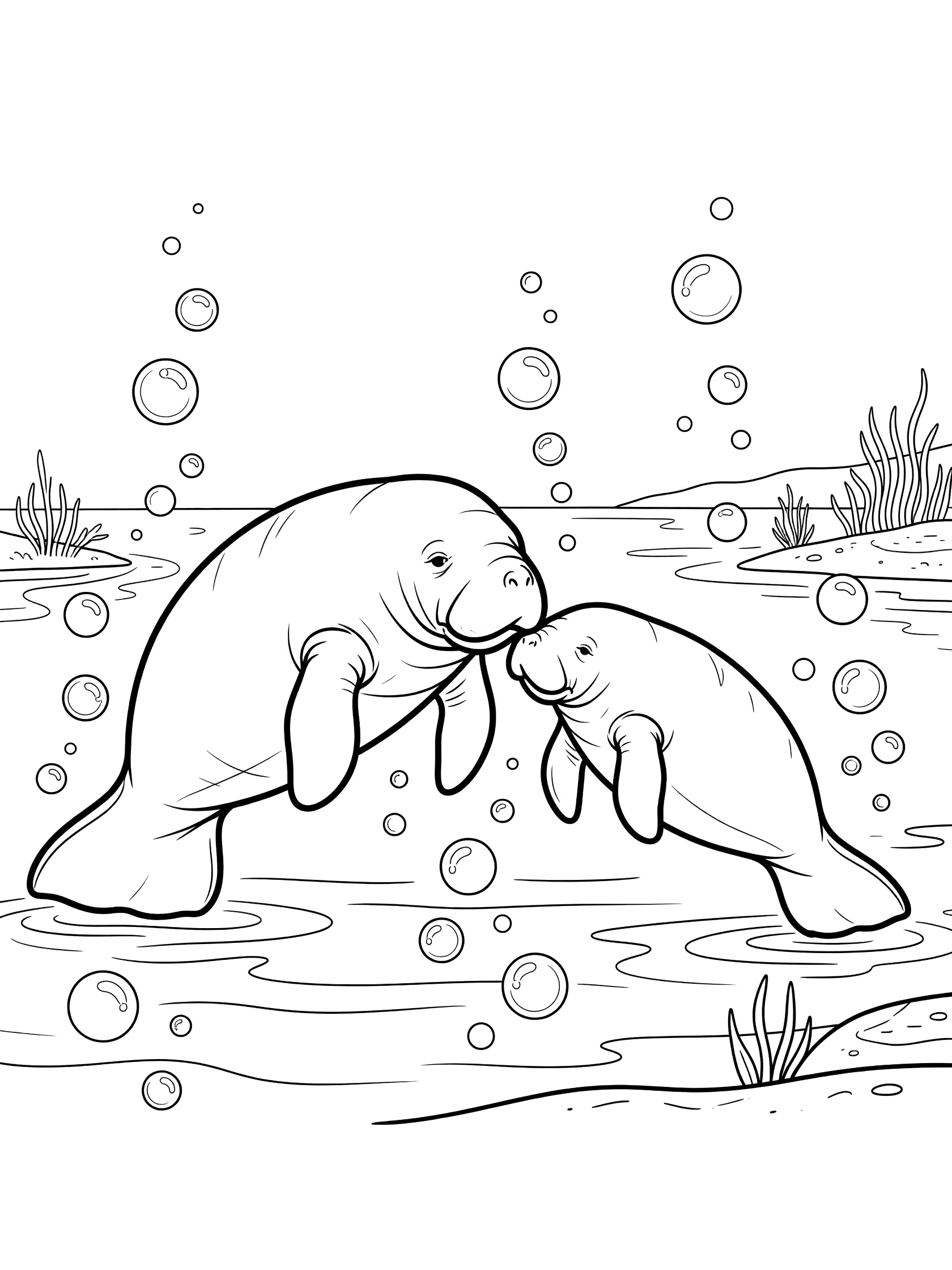 Black and white coloring page of a mother manatee swimming with her baby manatee calf, bubbles rising around them in shallow water with plants.