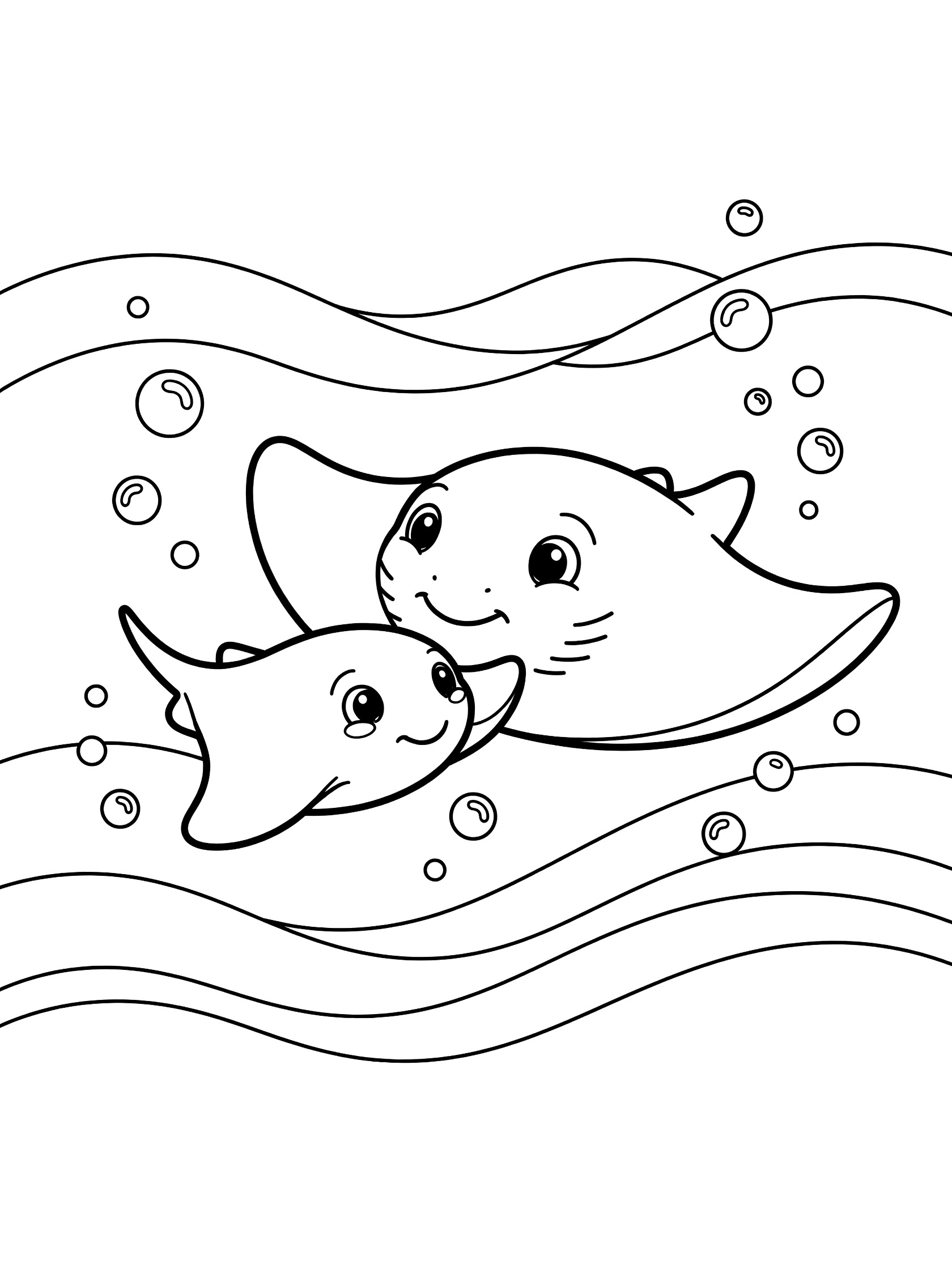 Black and white line art coloring page showing a large mommy stingray and small baby stingray swimming side by side with big eyes, gentle waves, and bubbles around them.