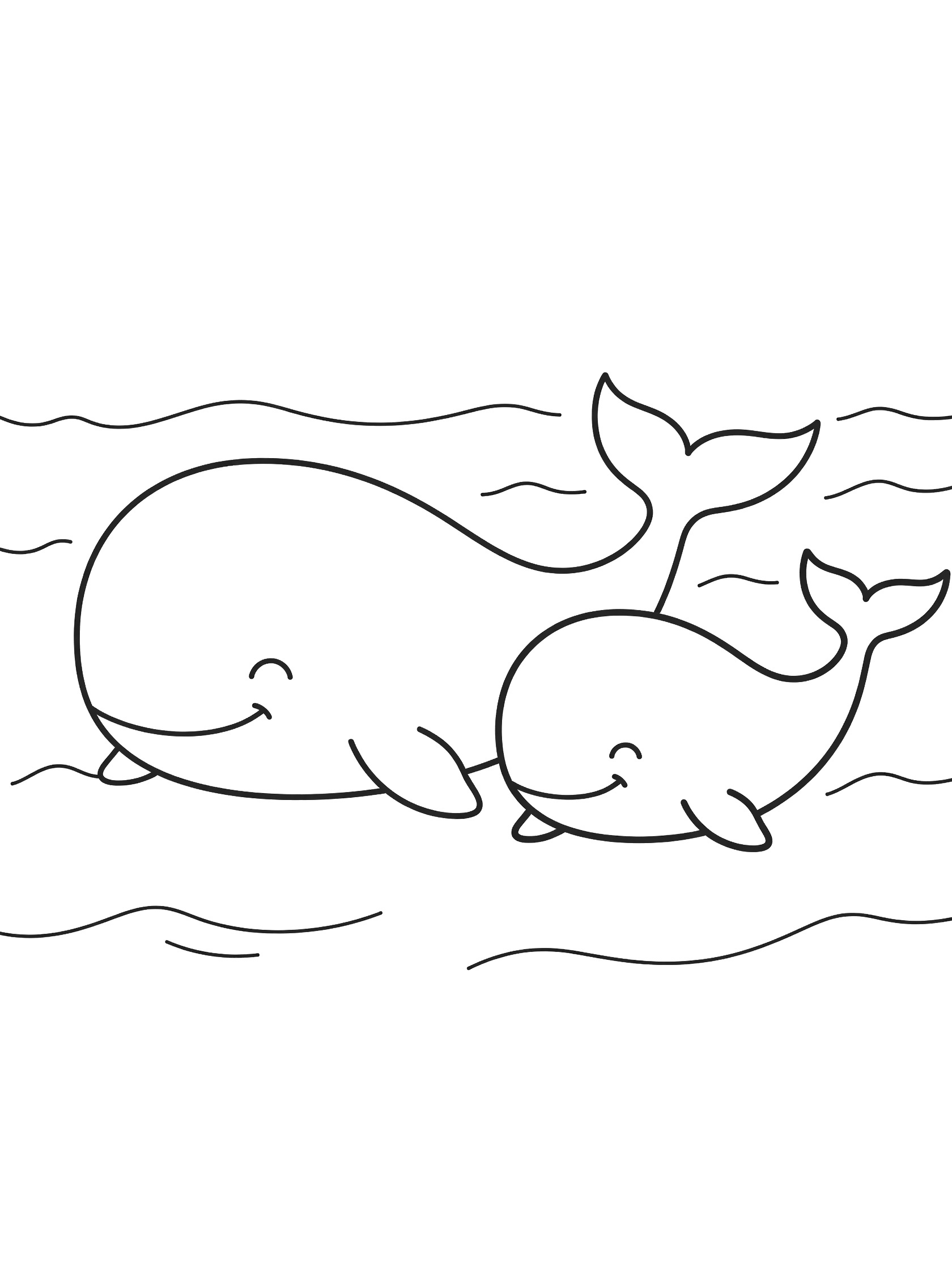 Black and white line art coloring page showing a large mother whale and small baby whale swimming side by side with happy smiles, fins touching, and simple waves around them.