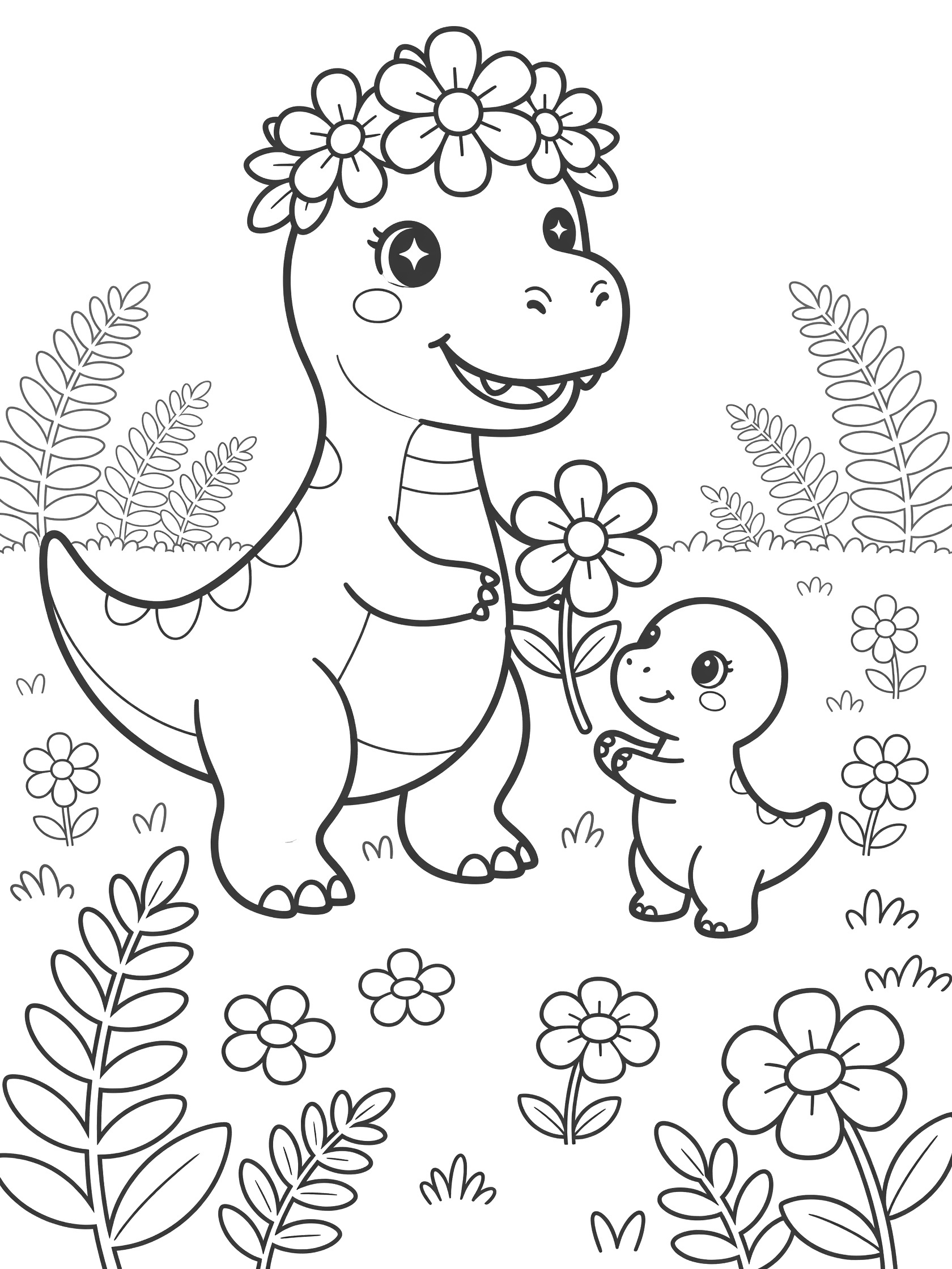 Black and white line art coloring page showing a large smiling dinosaur with flower crown on head, holding a flower, next to small baby dinosaur reaching up, surrounded by flowers and leaves. Vastatosaurus Rex themed black and white printable line art