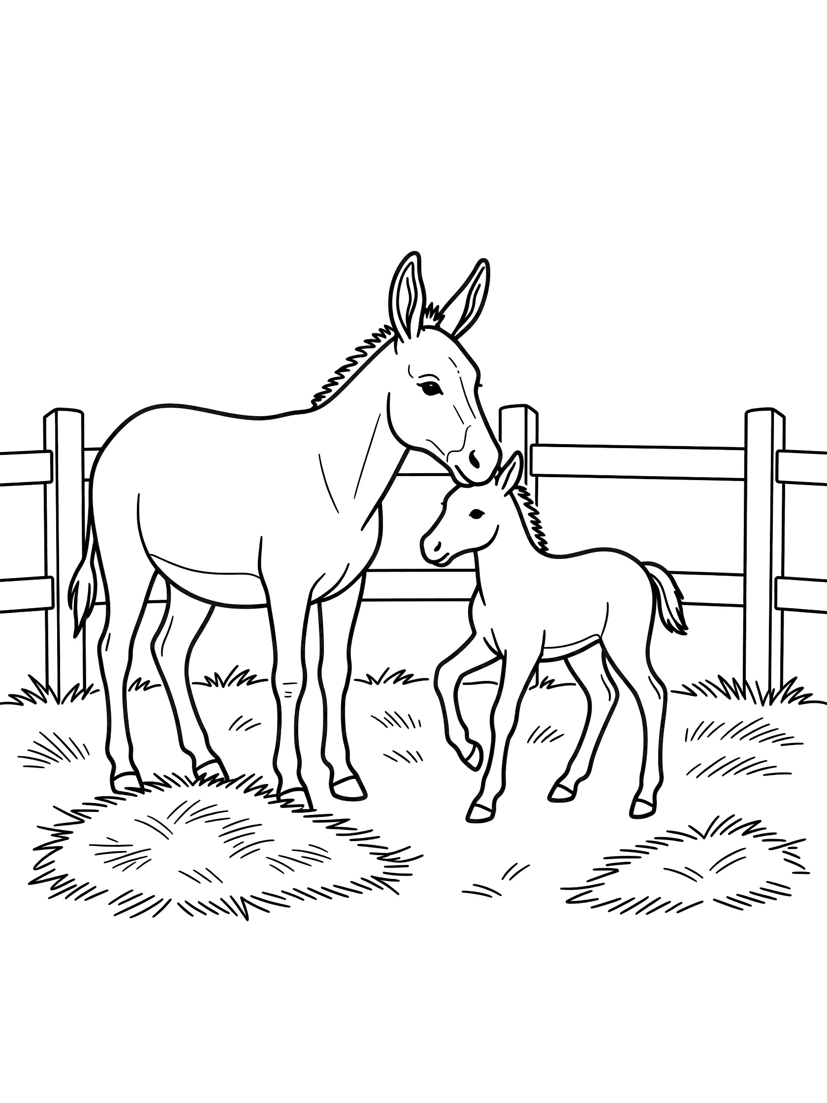 Black and white line drawing of adult donkey nuzzling small baby donkey next to wooden fence on grass with hay piles. Donkeys themed black and white printable line art