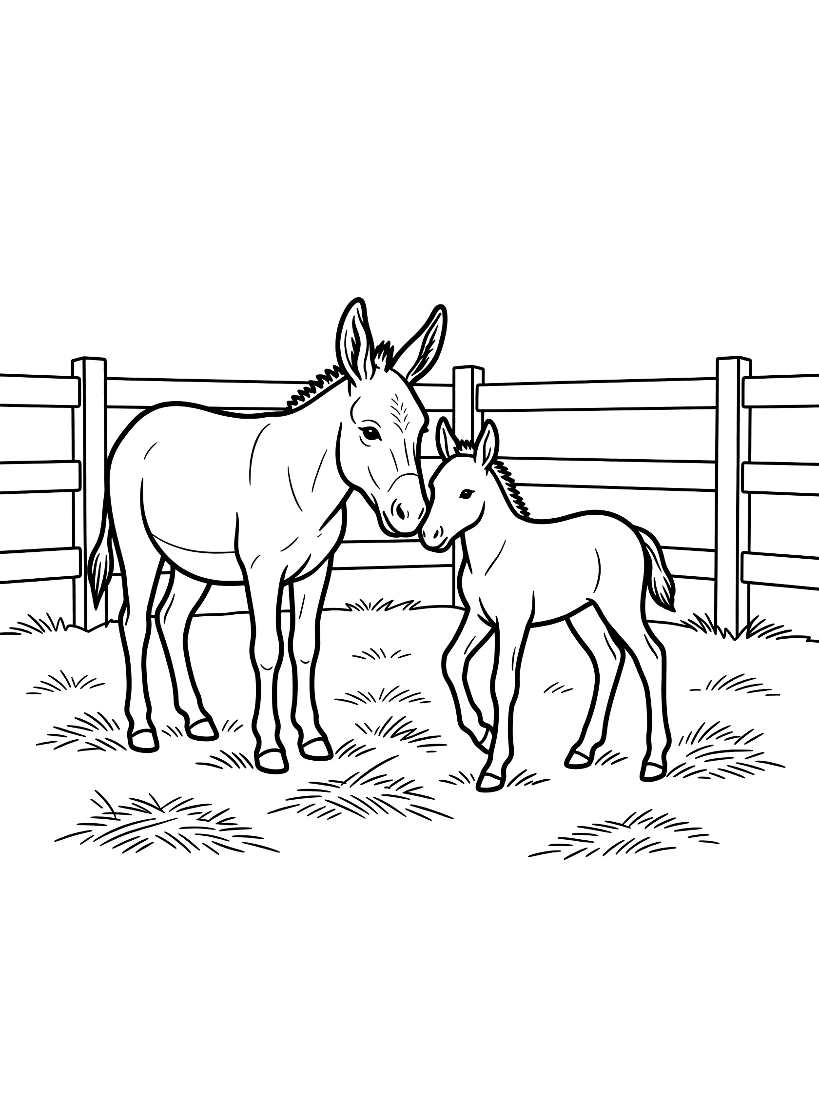 Black and white line art coloring page showing a mother donkey with long ears nuzzling her small baby donkey foal beside a wooden fence and scattered grass. Donkeys themed black and white printable line art