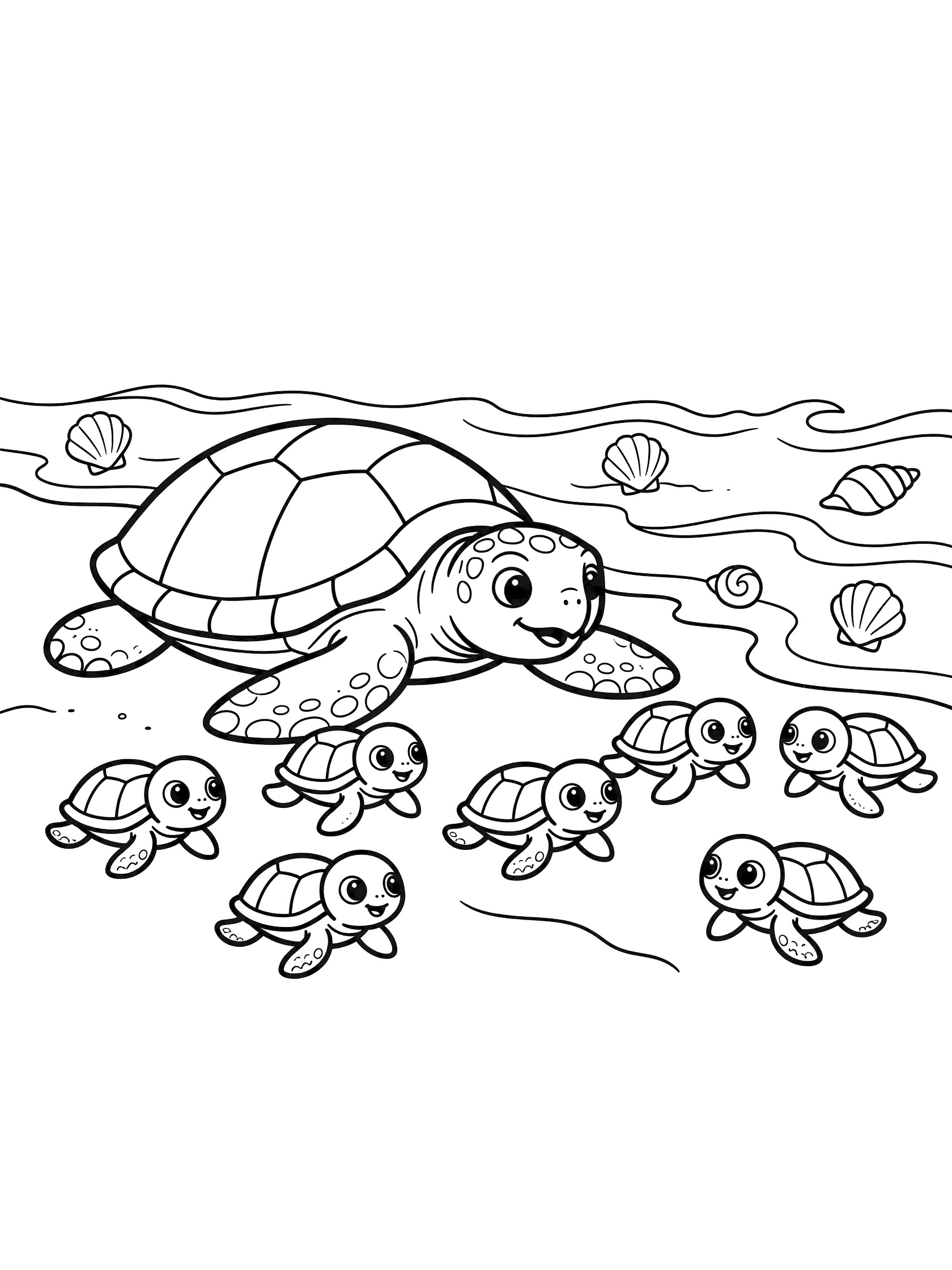 Black and white line art coloring page showing a large mommy turtle watching over several small baby turtles heading to the sea, with waves and seashells on the beach. Archelon themed black and white printable line art