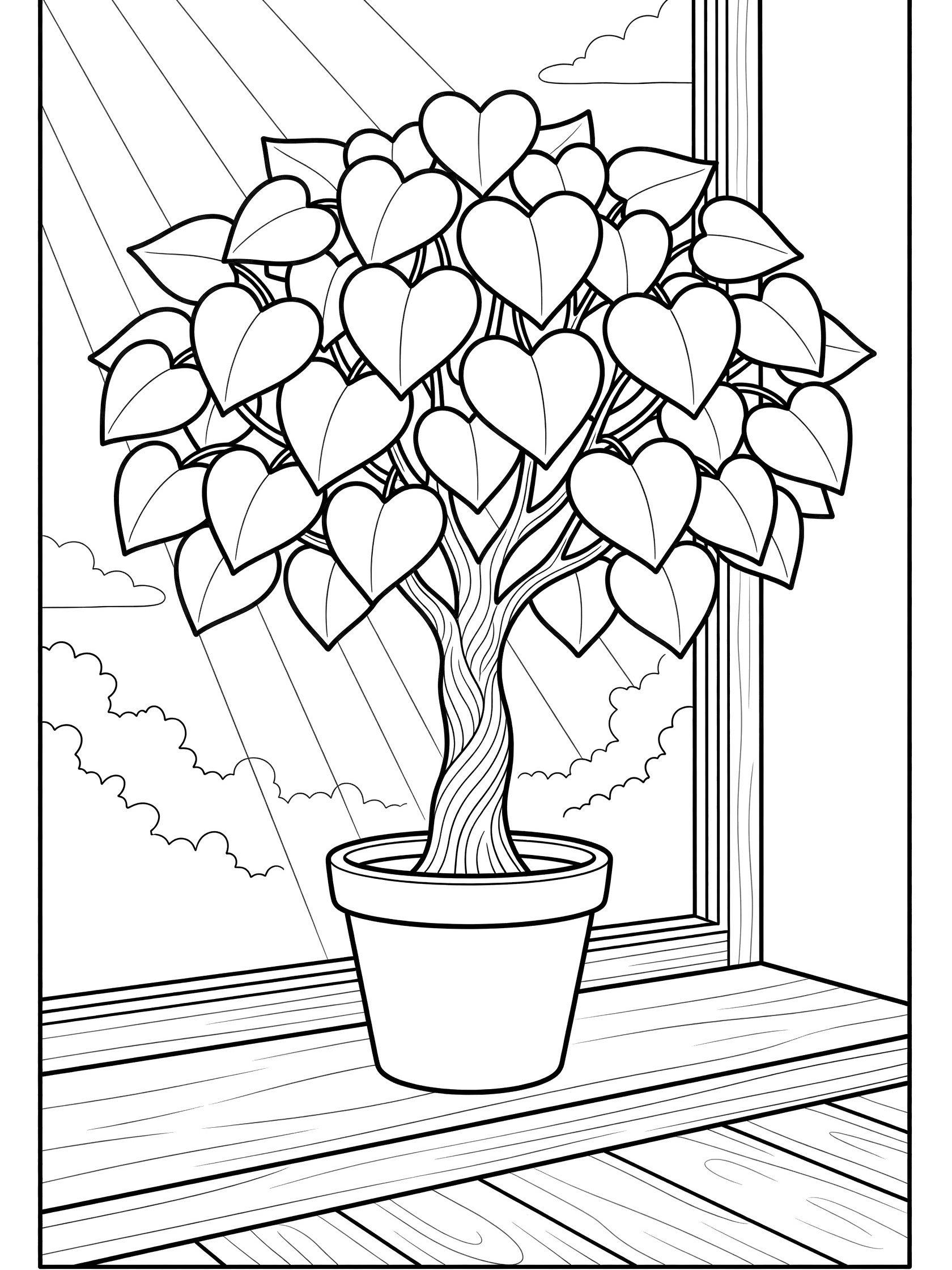 Black-and-white coloring page of a money tree with braided trunk and heart-shaped leaves in a pot on a wooden windowsill, sunlight streaming through the window
