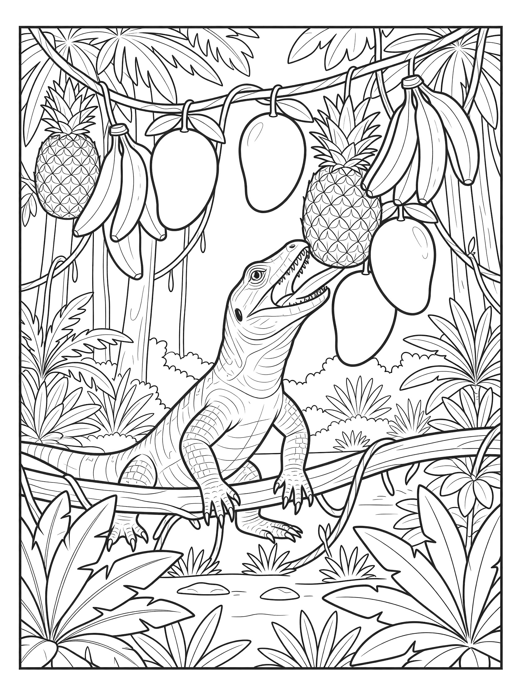 Black and white line art coloring page showing a monitor lizard with open mouth eating mango fruits from vines, surrounded by jungle leaves, bananas, and pineapples.