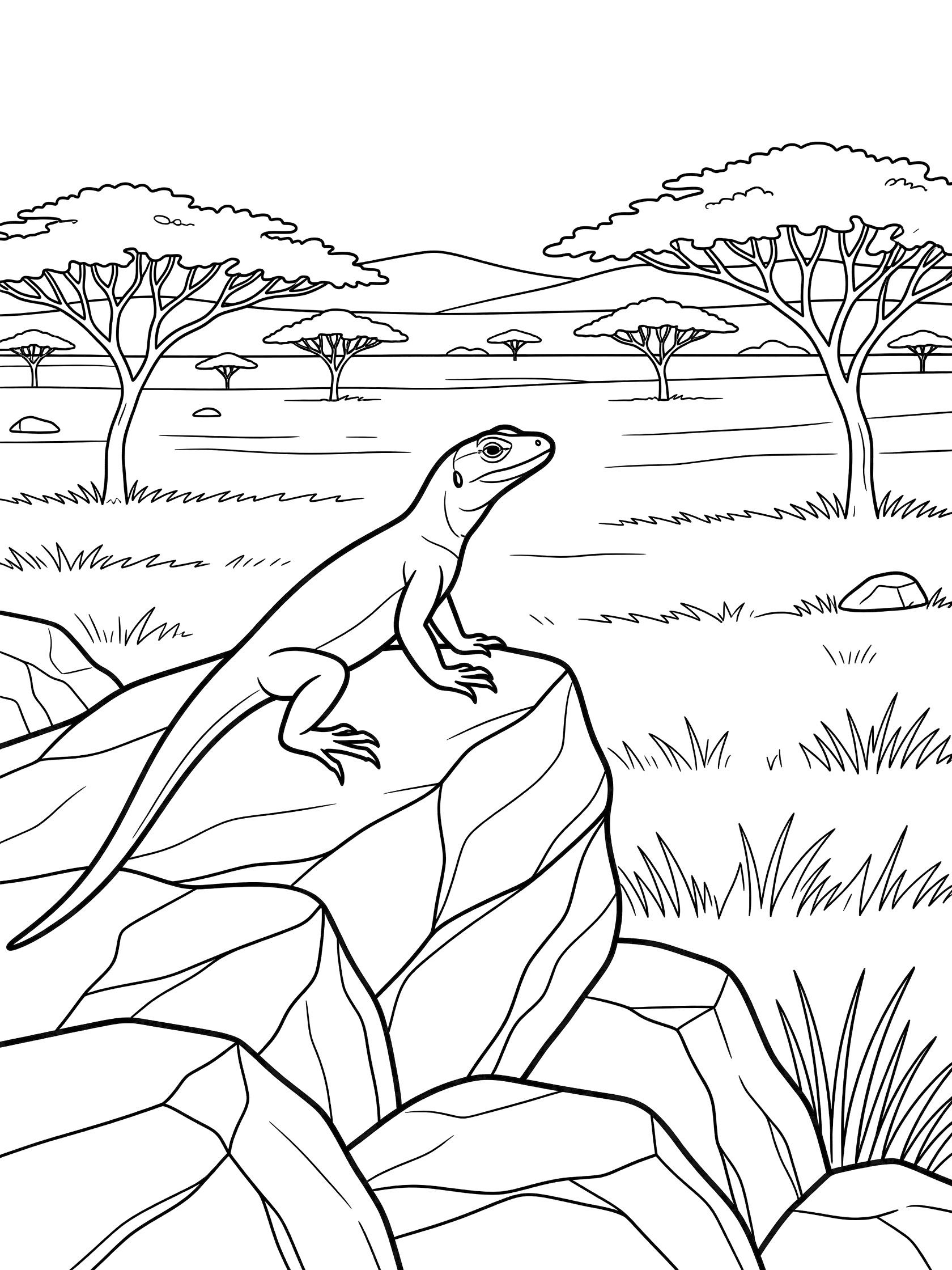 Black and white line drawing of a monitor lizard standing on stacked rocks overlooking a savanna landscape with acacia trees and distant hills.